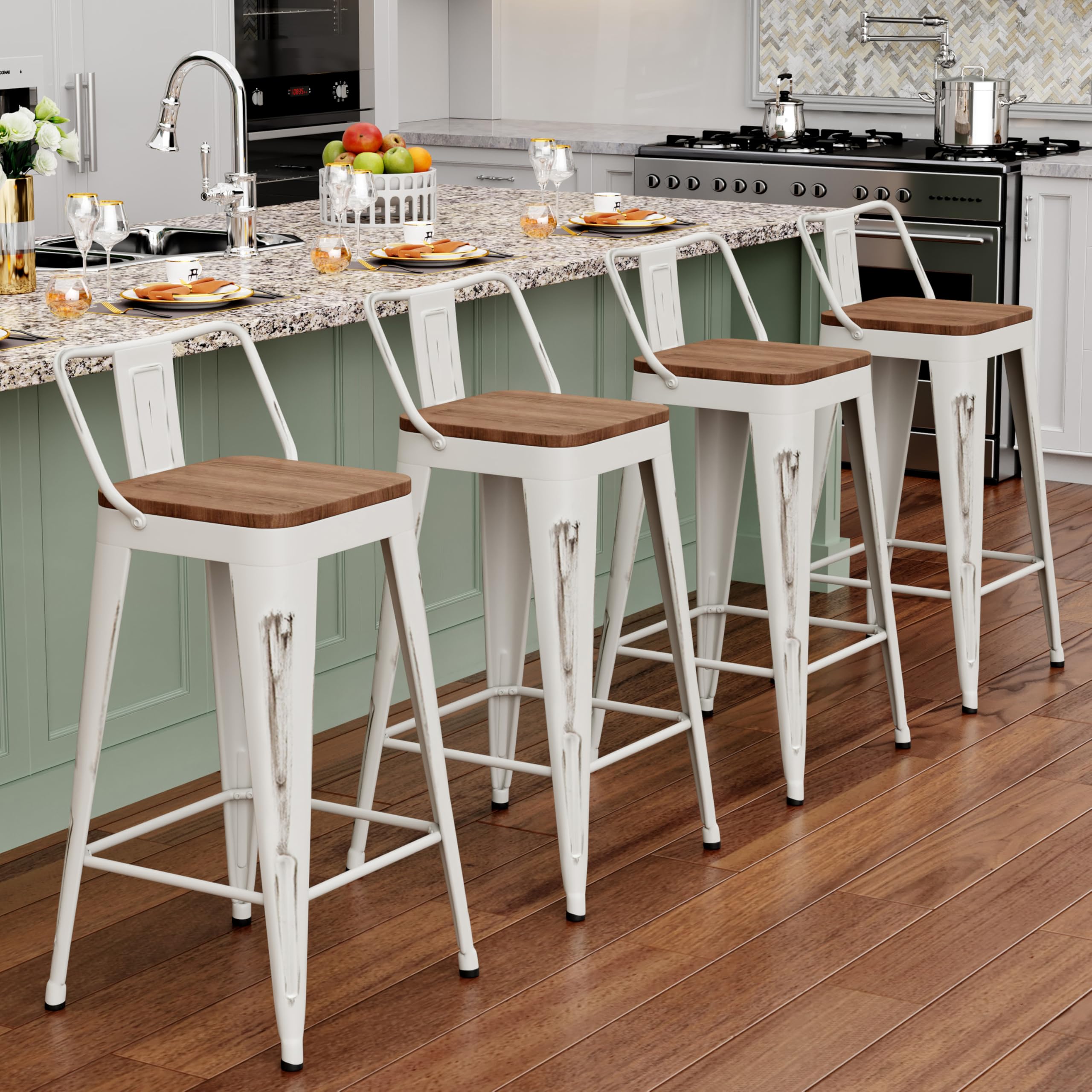 Alunaune 26" Metal Bar Stools Set of 4 Industrial Counter Height Barstools Kitchen Counter Stool Modern Wood Seat-Distressed Teal