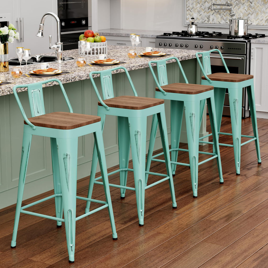 Alunaune 26" Metal Bar Stools Set of 4 Industrial Counter Height Barstools Kitchen Counter Stool Modern Wood Seat-Distressed Teal