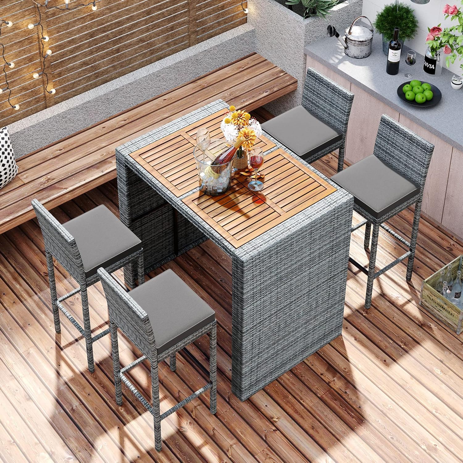 Patio Dining Table Set, 5-Pieces Outdoor Patio Wicker Bar Set, Bar Height Chairs with Non-Slip Feet & Fixed Rope, Removable Cushion, Brown+Gray