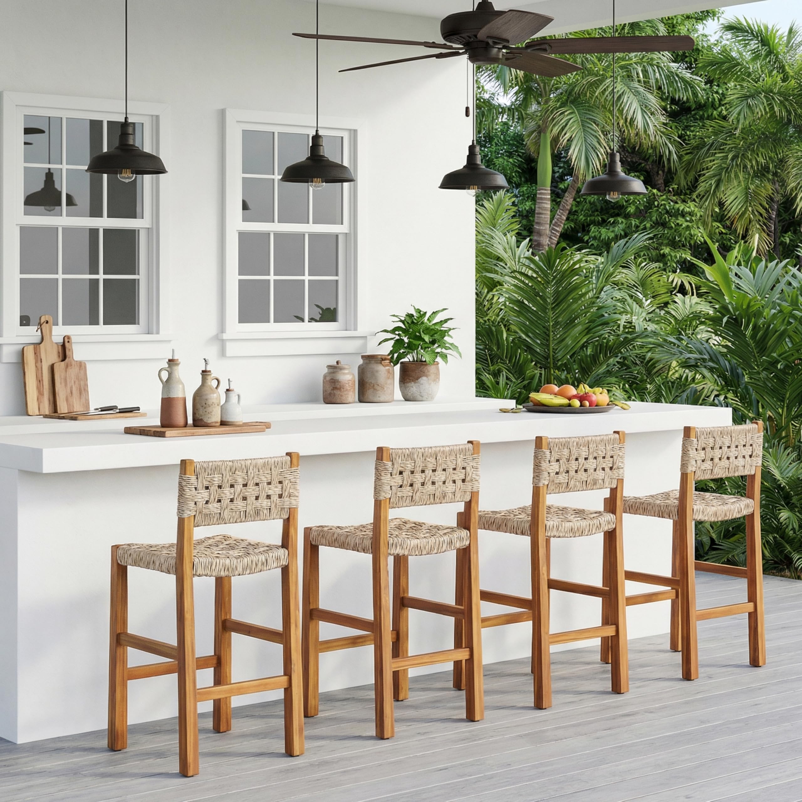 Christopher Knight Home 2-Pack Outdoor Counter Height Bar Stools with Backrest, Acacia Wood Frame Woven Wicker, 28" Patio Bar Chairs with Teak Finish for Deck Balcony Outdoor Bar Table, Light Brown