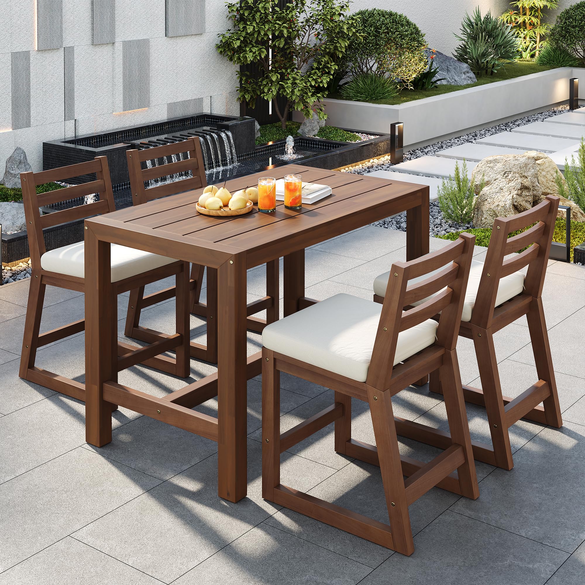 WILLIAMSPACE Patio Bar Table Set of 5, Outdoor Wicker Height Bar Table & 4 Chairs with Cushions & Wood Tabletop, Bistro Set for Backyards Porches (Brown+Grey)