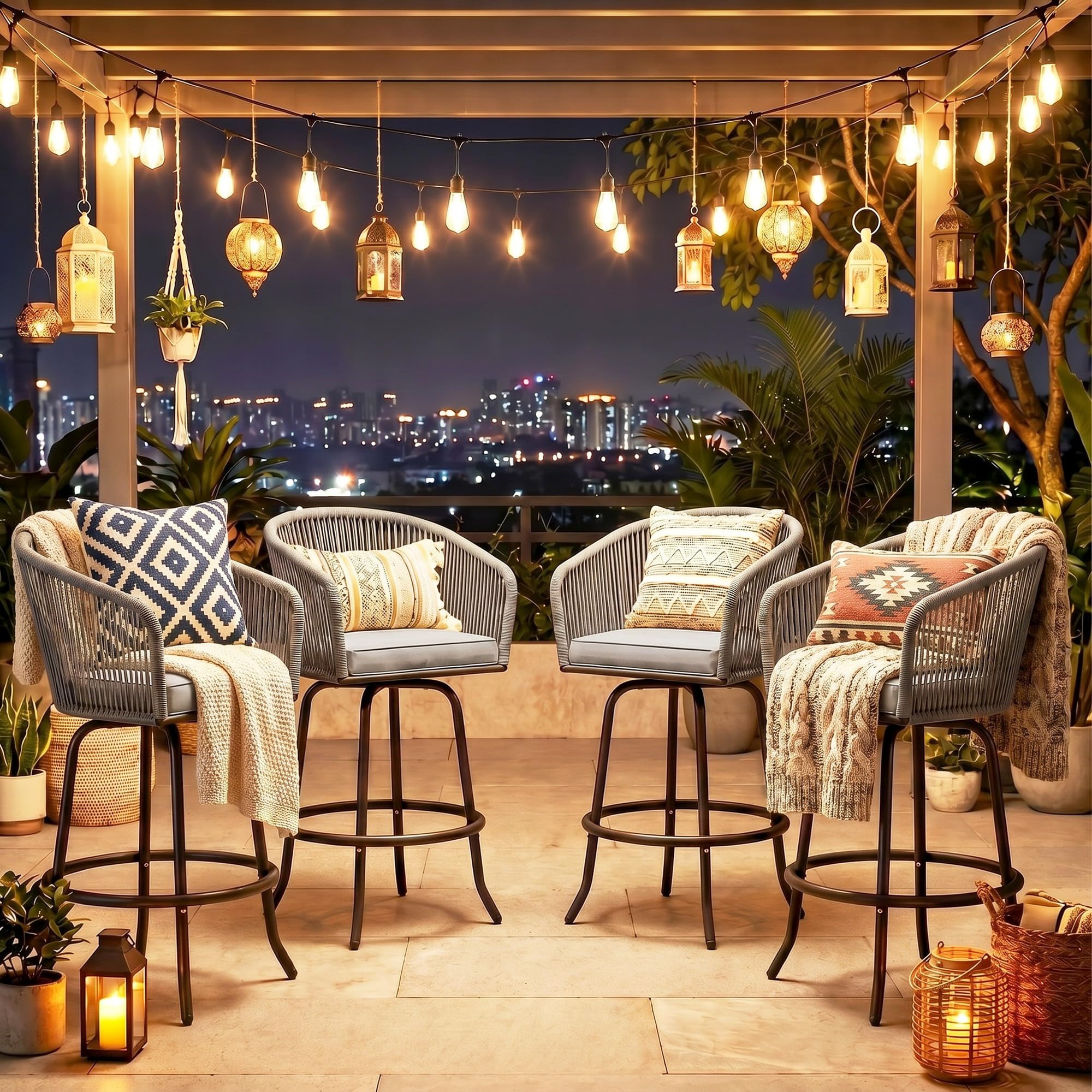 YITAHOME 27" Bar Stools Set of 2 with Arms & Cushions, 360° Swivel Outdoor Bar Stools, All Weather Counter Height Bar Stools Set of 2 with Curved Back for Backyard, Kitchen Island, Dining Room, Beige