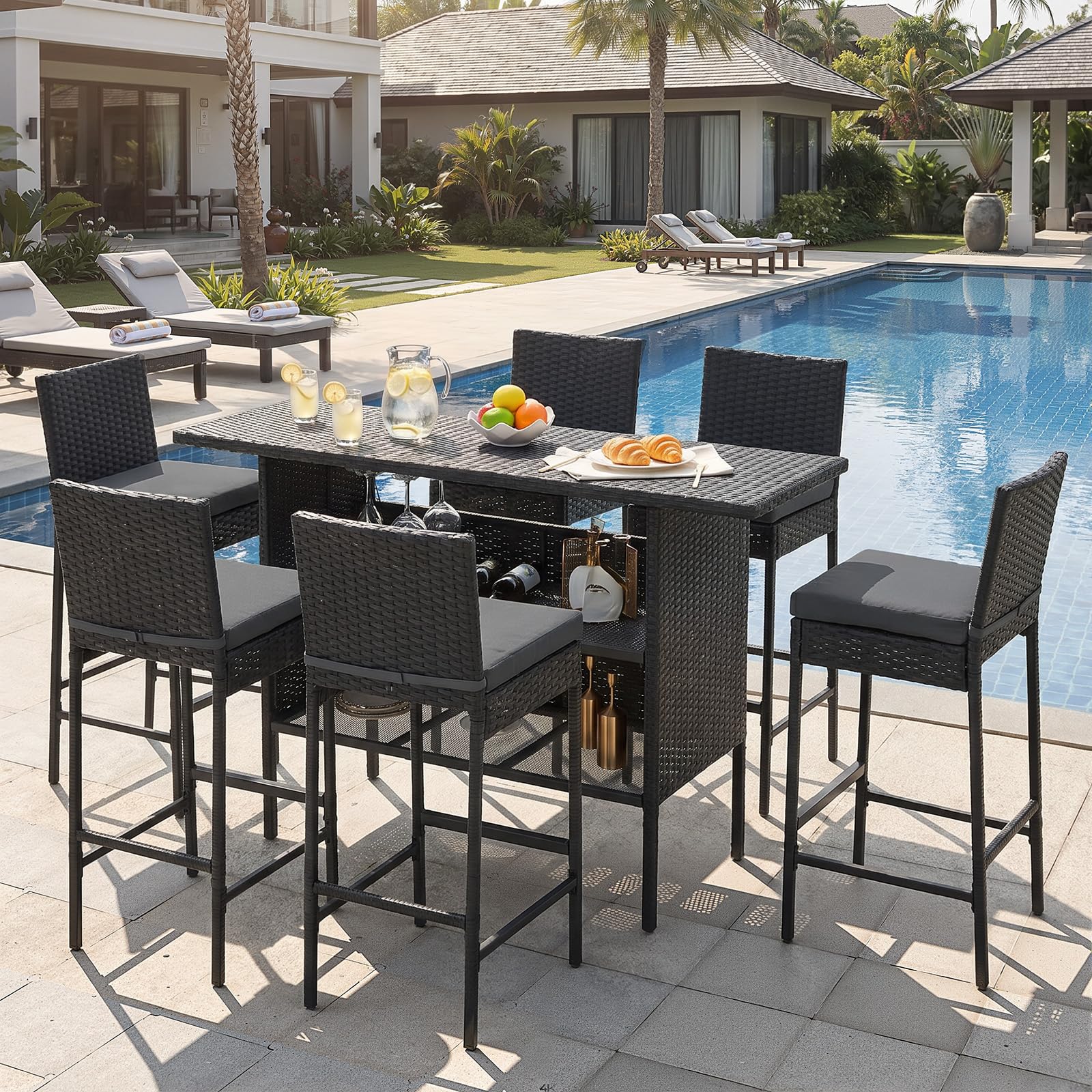 ECOTOUGE Bar Height Patio Set(Wicker Patio Stools & Smooth Top Table), Patio Bar Table and Chairs Set with Removable Cushion for Poolside (Black, 5 Set)
