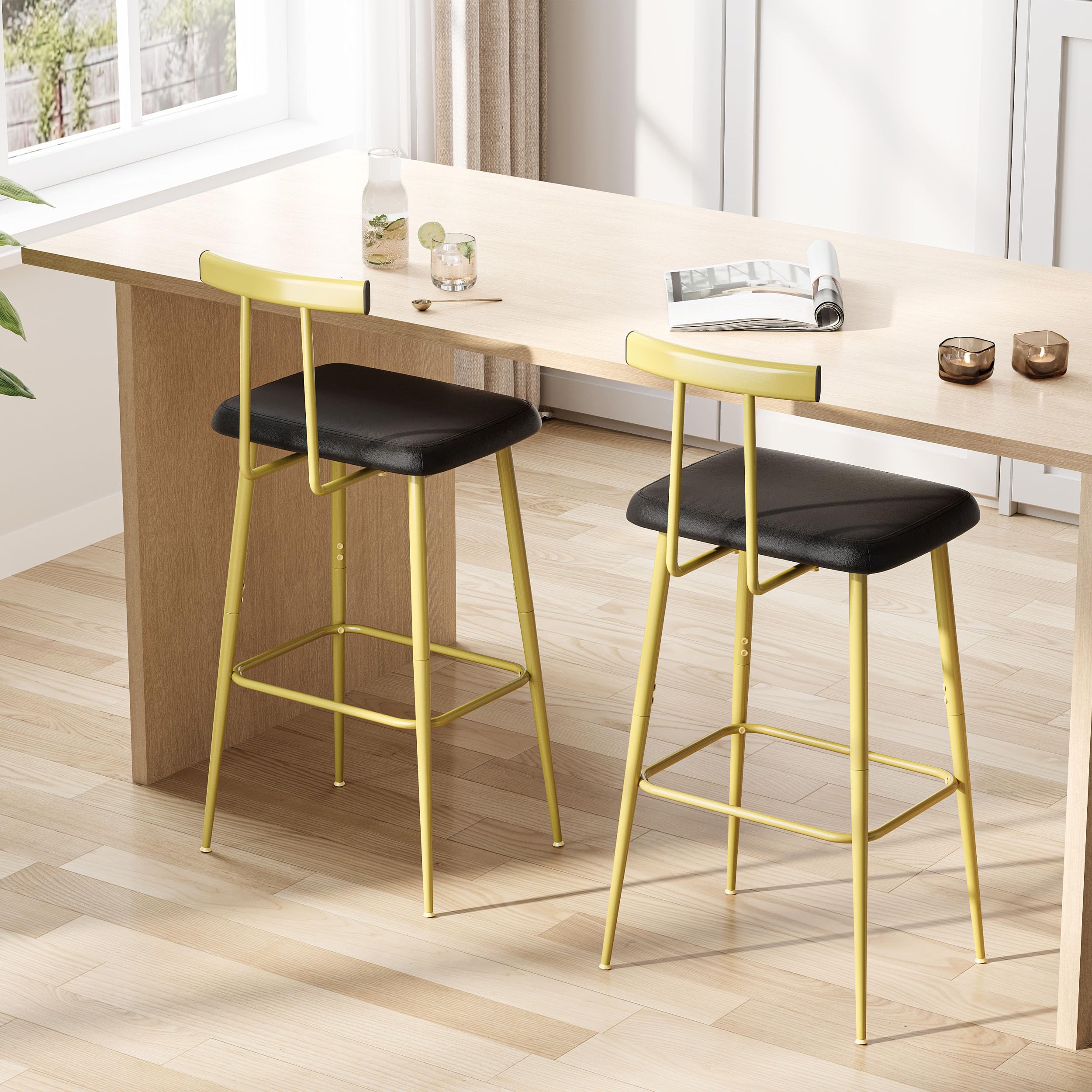 Bar Stools set of 2, Tall Bar Stools with Backrest and Footrest, Counter Height Bar Chairs, Industrial Barstools with PU Leather Cushion, for Kitchen, Dining Room, Bar, Cafe (Rustic Brown)KBS515R