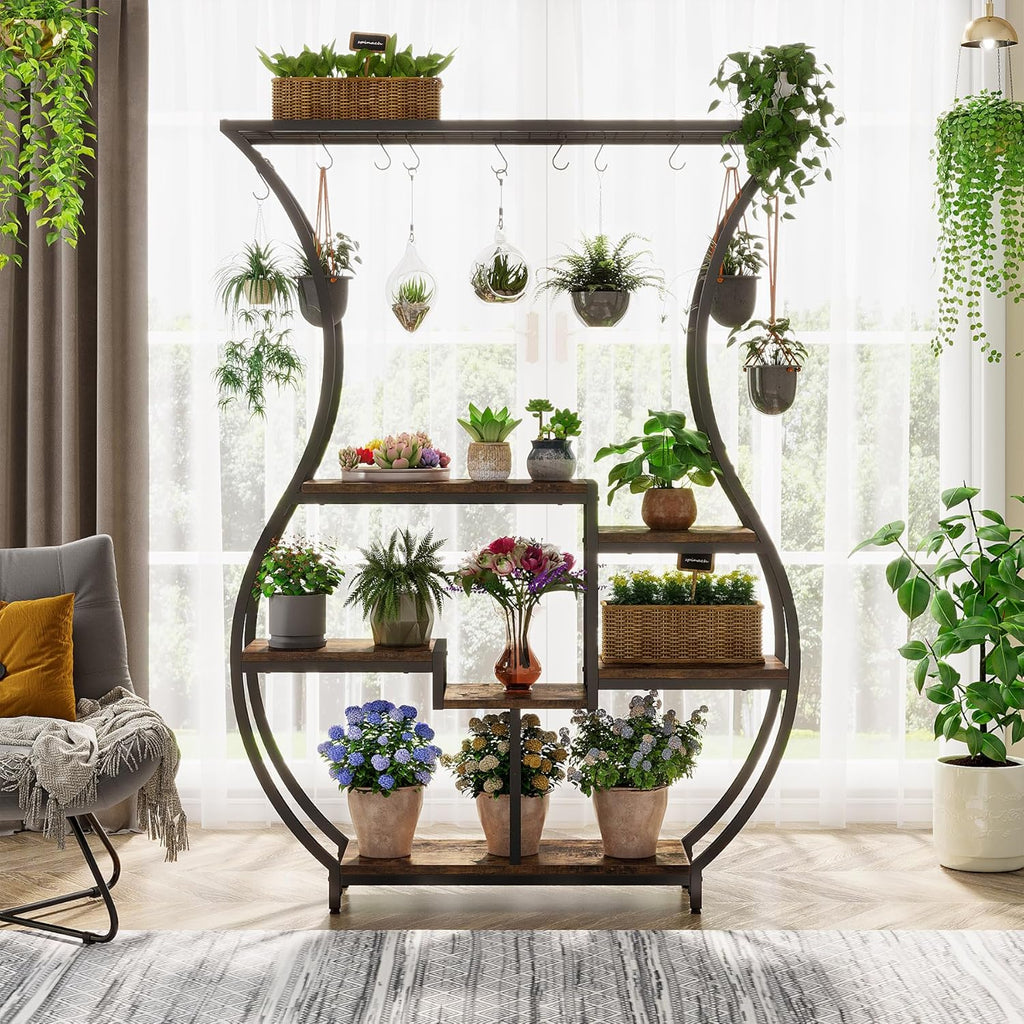 Tribesigns 6-Tier Plant Stand, 70.9 Inch Tall Plant Shelf with 10 Hanging Hooks, Vase Shape Ladder Plant Stand, Multi-Purpose Plant Display Rack for Indoor, Balcony, Living Room, Brown and Black