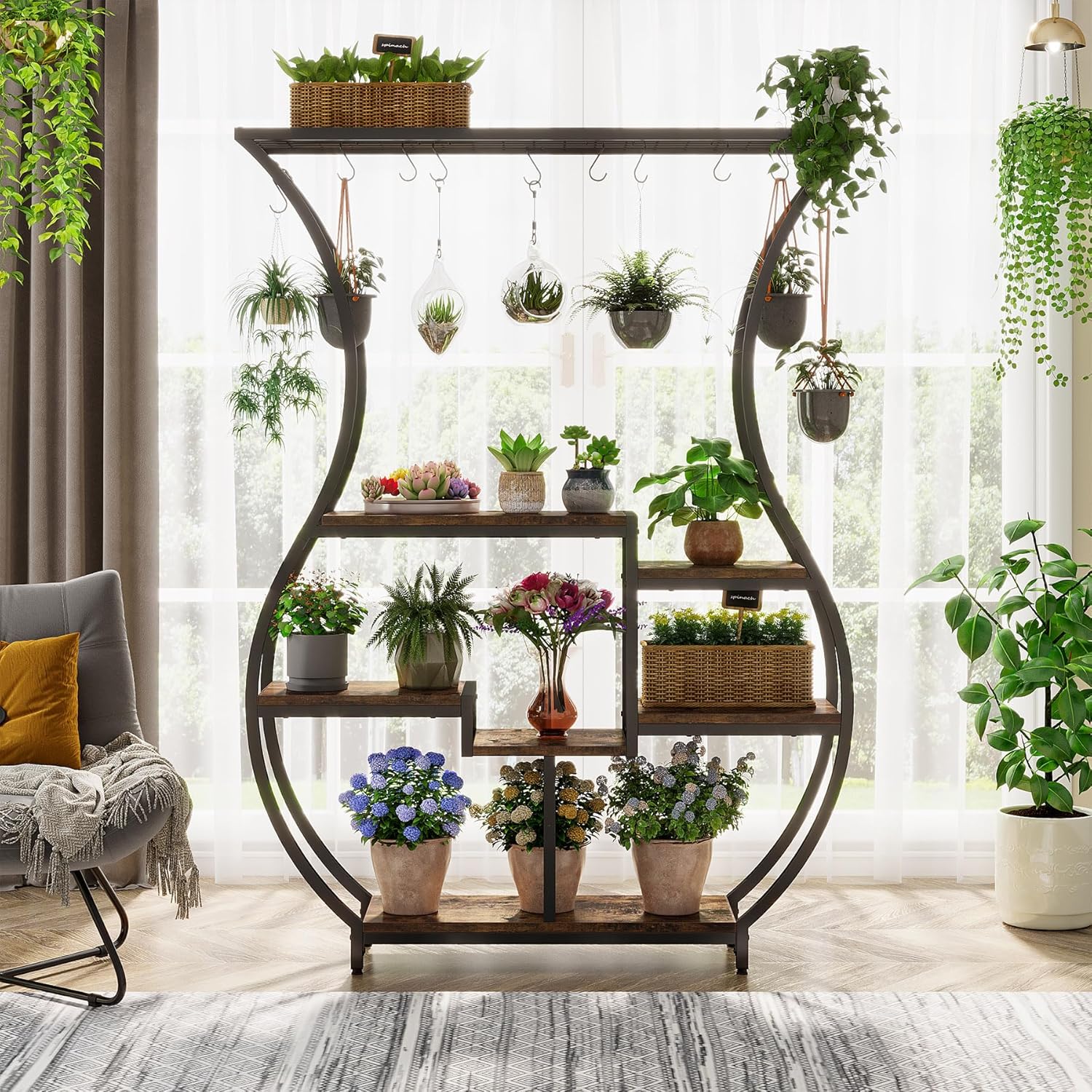 Tribesigns 6-Tier Plant Stand, 70.9 Inch Tall Plant Shelf with 10 Hanging Hooks, Vase Shape Ladder Plant Stand, Multi-Purpose Plant Display Rack for Indoor, Balcony, Living Room, Brown and Black