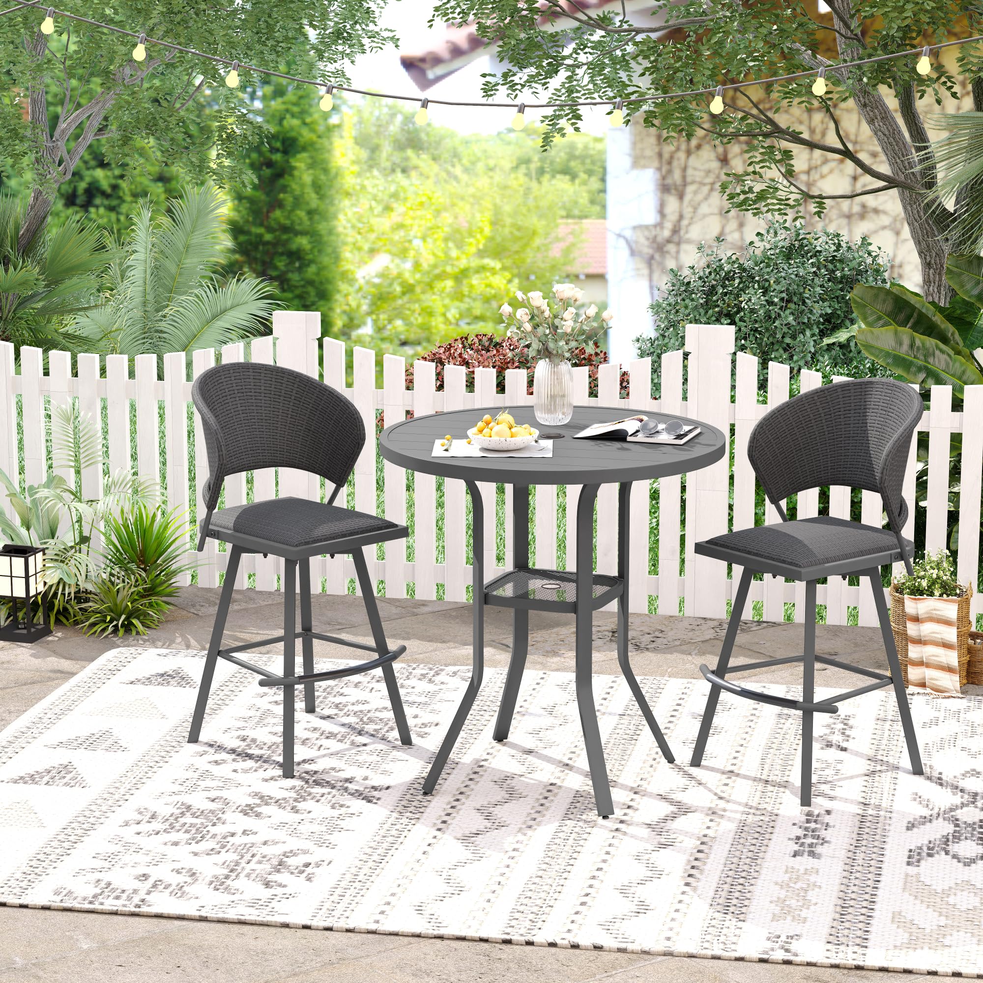 VICLLAX Patio 5 Pieces Outdoor Long Bar Set, Dining Pub Set with 41" Rectangle Bar Height Table and 2 Swivel Rattan Chairs for Lawn, Garden, Poolside, Grey
