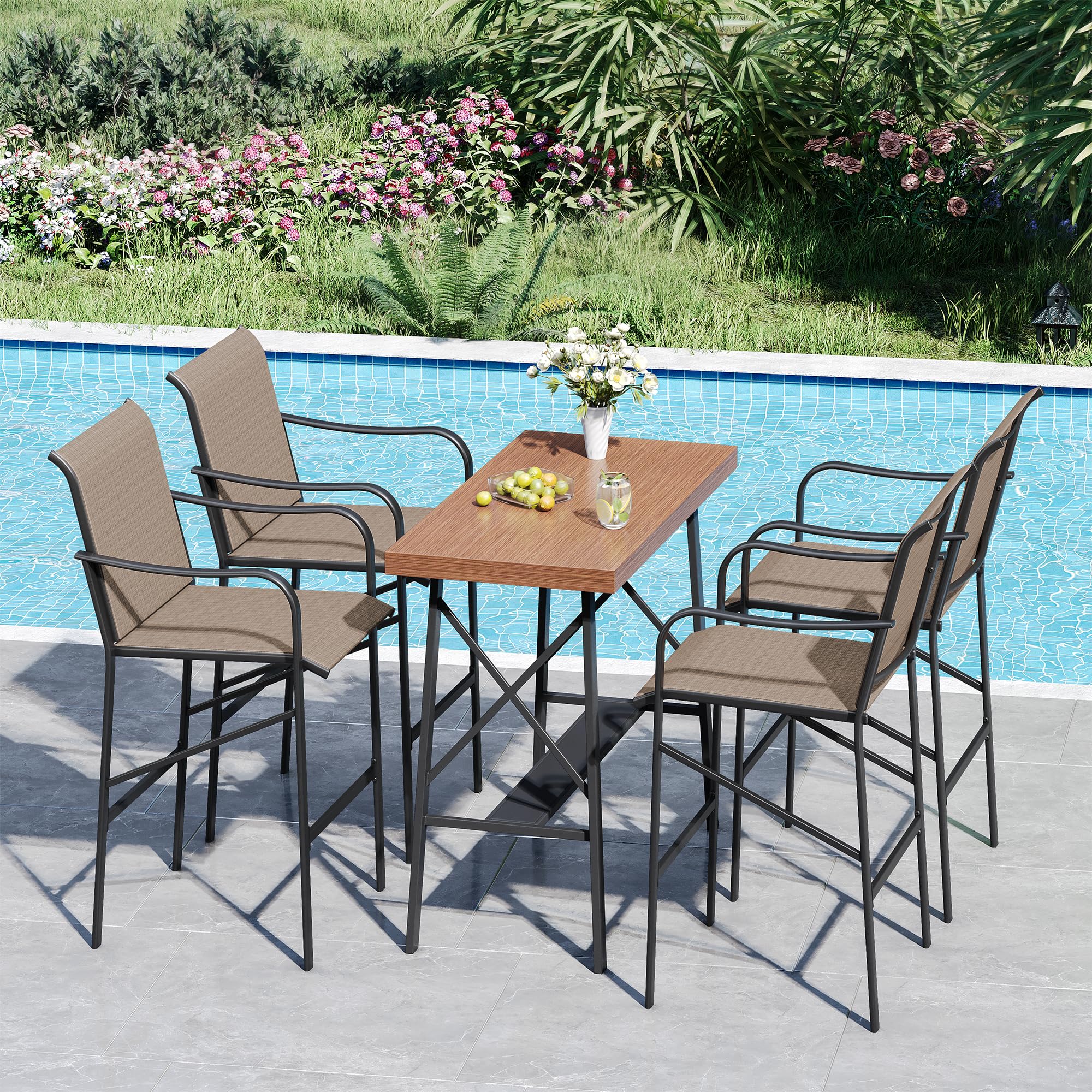VICLLAX Patio 5 Pieces Outdoor Long Bar Set, Dining Pub Set with 41" Rectangle Bar Height Table and 2 Swivel Rattan Chairs for Lawn, Garden, Poolside, Grey
