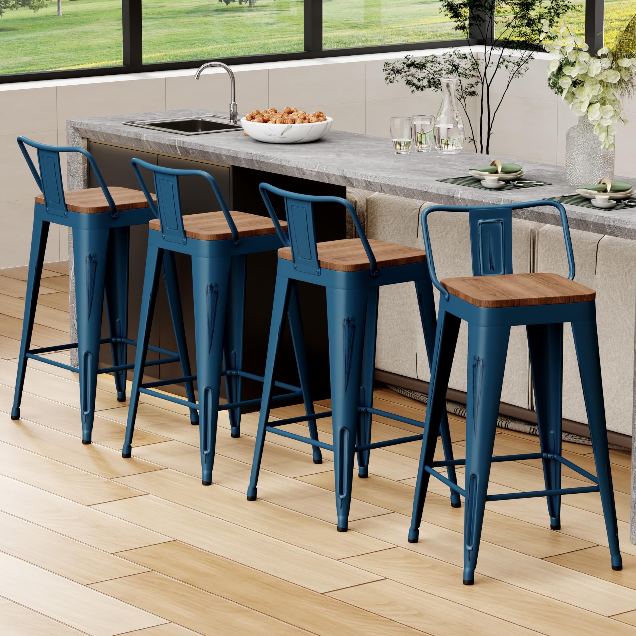 Alunaune 26" Metal Bar Stools Set of 4 Industrial Counter Height Barstools Kitchen Counter Stool Modern Wood Seat-Distressed Teal