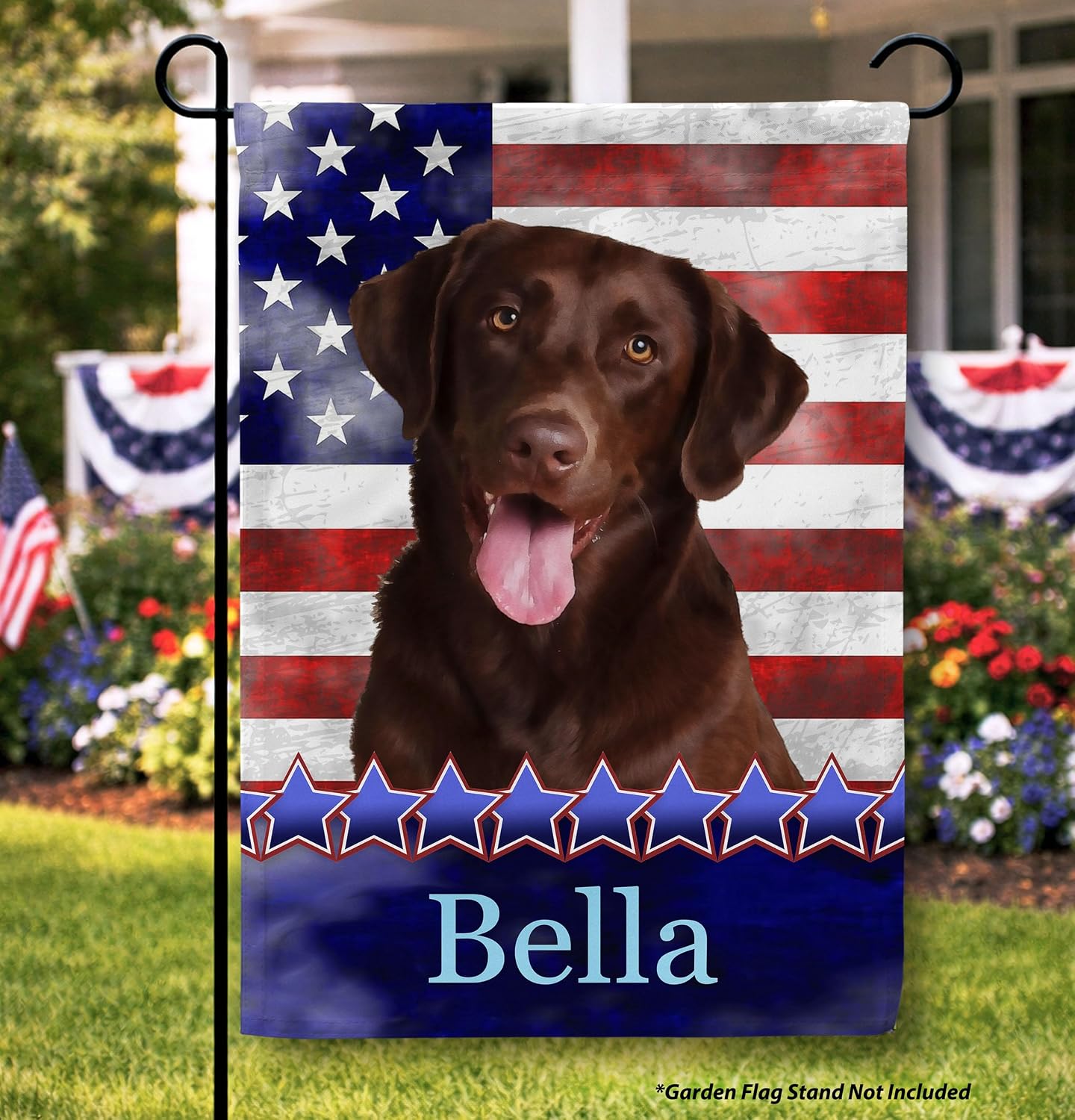 Flagology, Personalized Chocolate Labrador Retriever Patriotic Garden Flag 12" x 18", Custom Dog Name American Flag, Fourth of July Outdoor Lawn Décor, Stars and Stripes