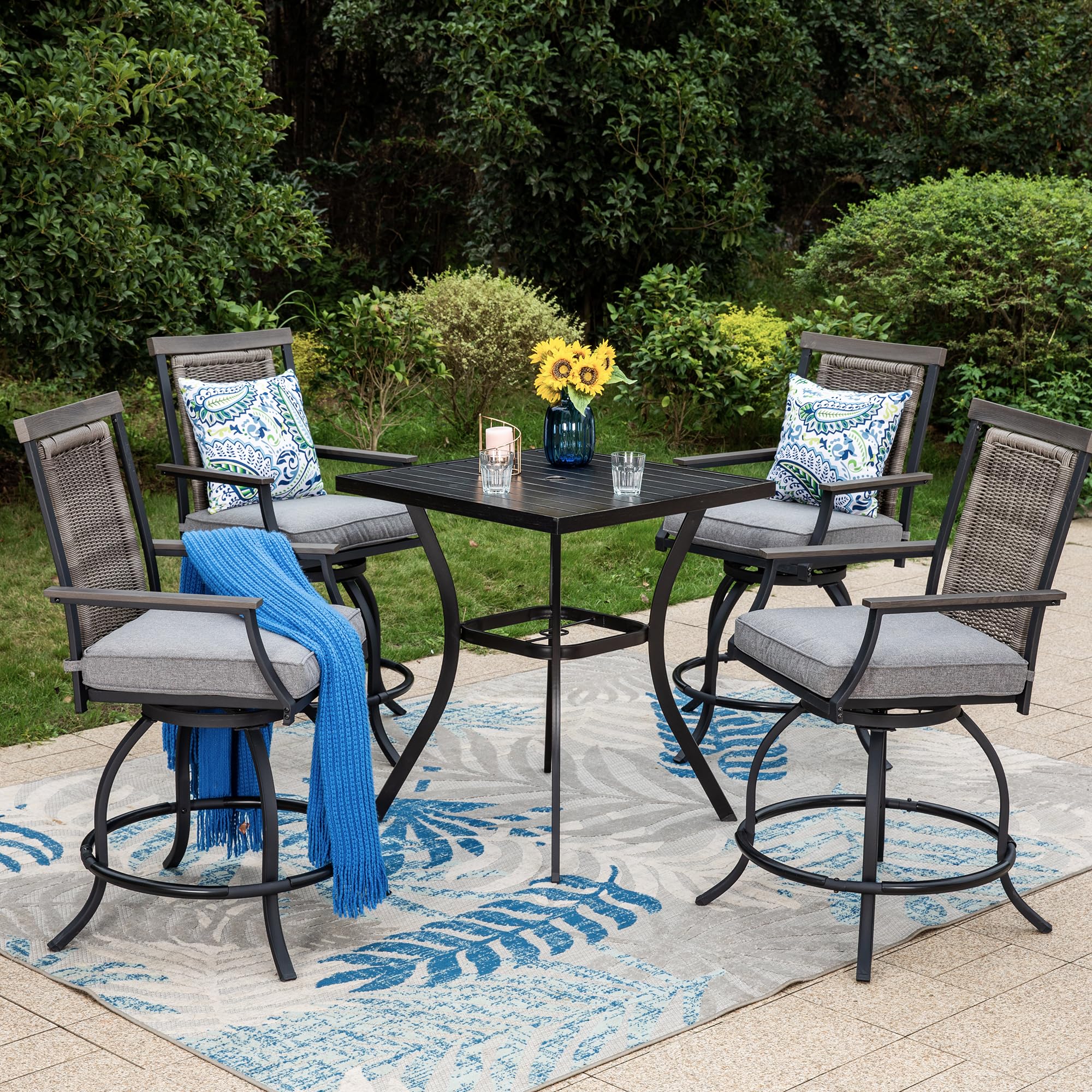 PHI VILLA 7 Piece Outdoor Bar Set, Counter Height Patio Bar Furniture Rectangle Dining Table and 6 Swivel Bar Stools Chairs with Brown Textilene Fabric for Garden,Yard and Deck