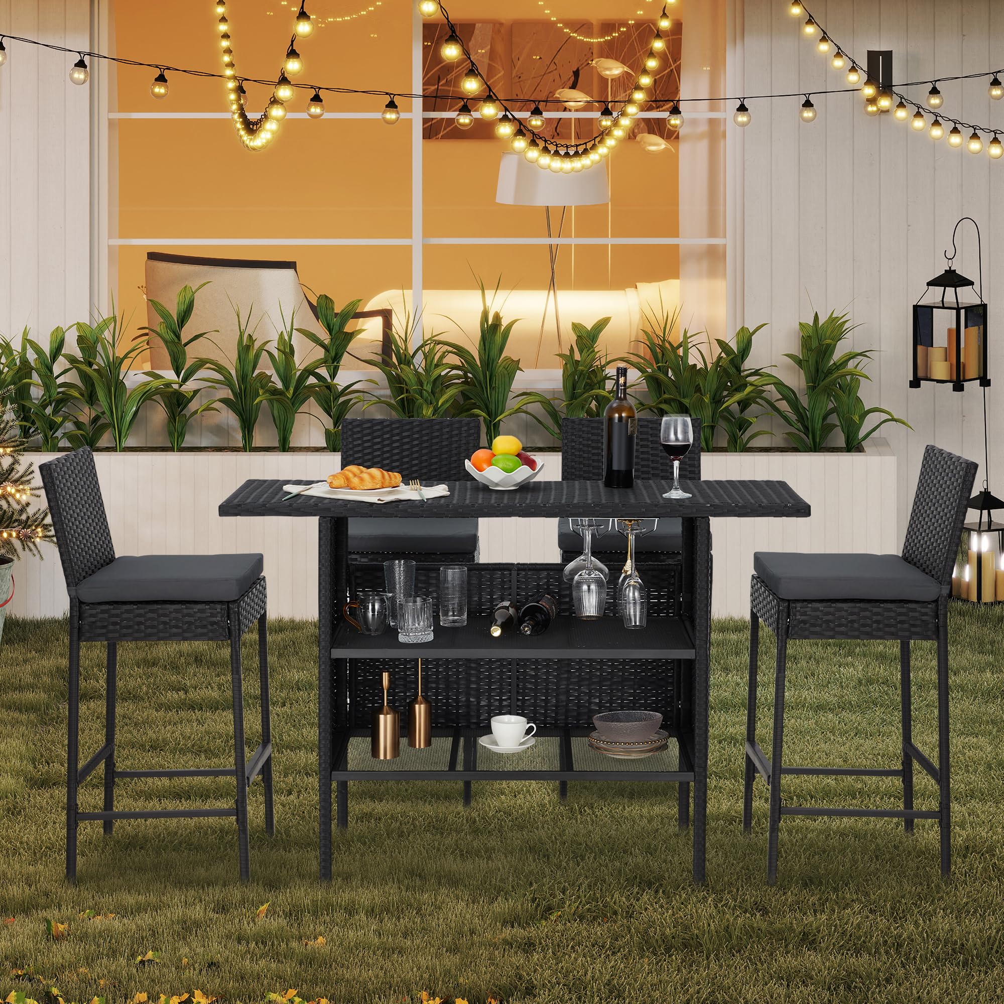 ECOTOUGE Bar Height Patio Set(Wicker Patio Stools & Smooth Top Table), Patio Bar Table and Chairs Set with Removable Cushion for Poolside (Black, 5 Set)
