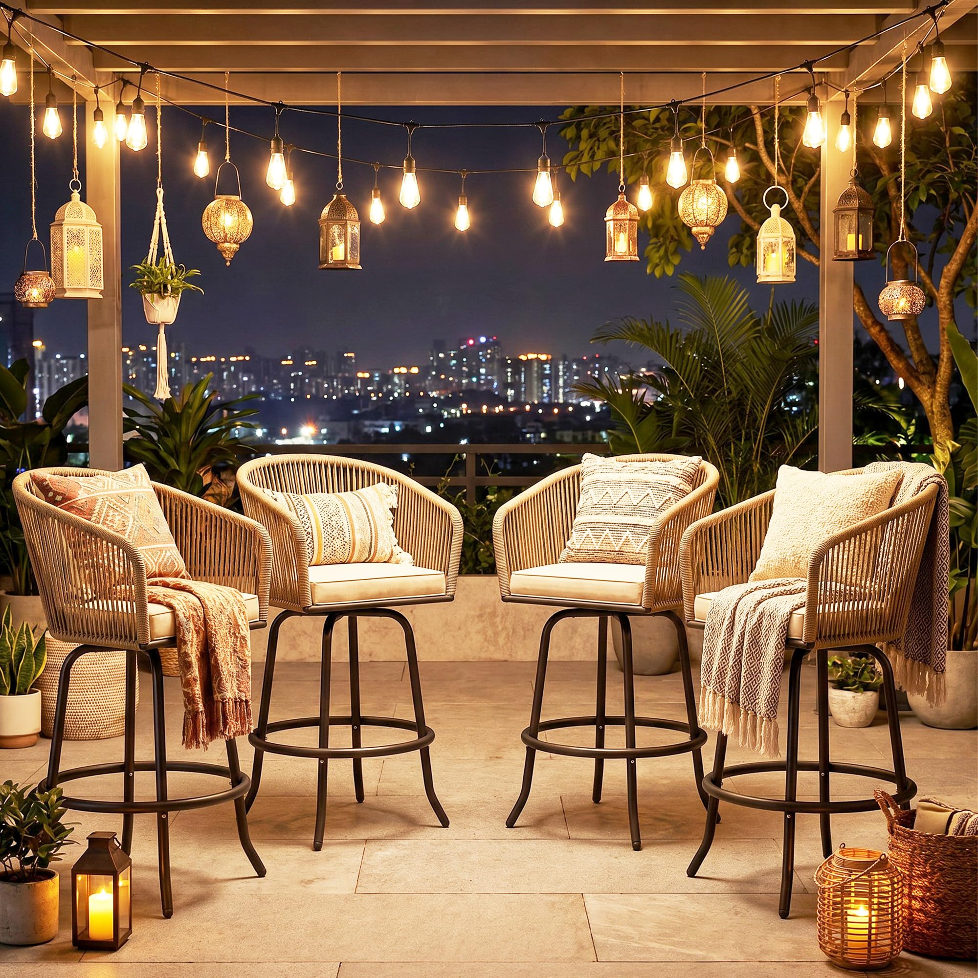 YITAHOME 27" Bar Stools Set of 2 with Arms & Cushions, 360° Swivel Outdoor Bar Stools, All Weather Counter Height Bar Stools Set of 2 with Curved Back for Backyard, Kitchen Island, Dining Room, Beige