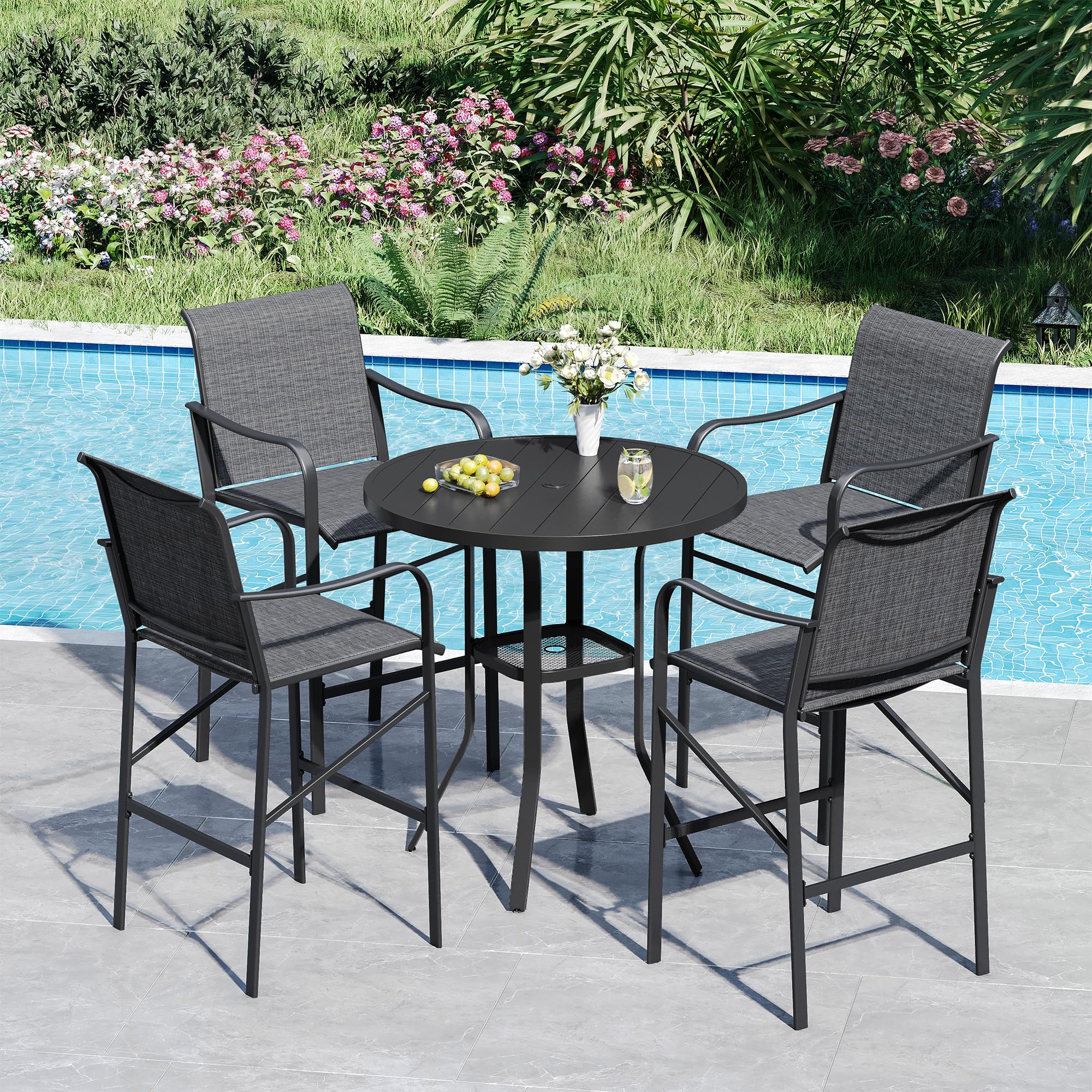 VICLLAX Patio 5 Pieces Outdoor Long Bar Set, Dining Pub Set with 41" Rectangle Bar Height Table and 2 Swivel Rattan Chairs for Lawn, Garden, Poolside, Grey