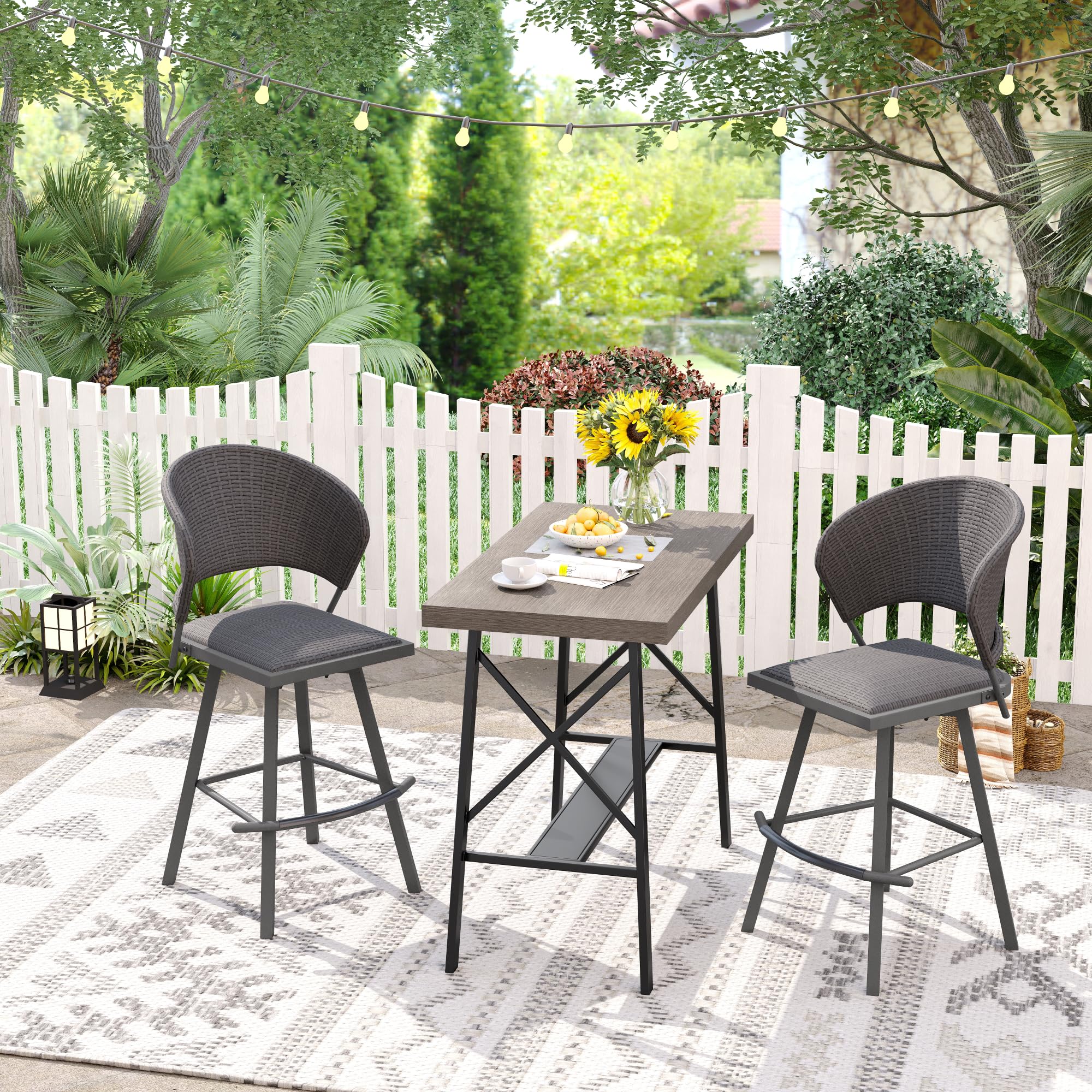 VICLLAX Patio 5 Pieces Outdoor Long Bar Set, Dining Pub Set with 41" Rectangle Bar Height Table and 2 Swivel Rattan Chairs for Lawn, Garden, Poolside, Grey