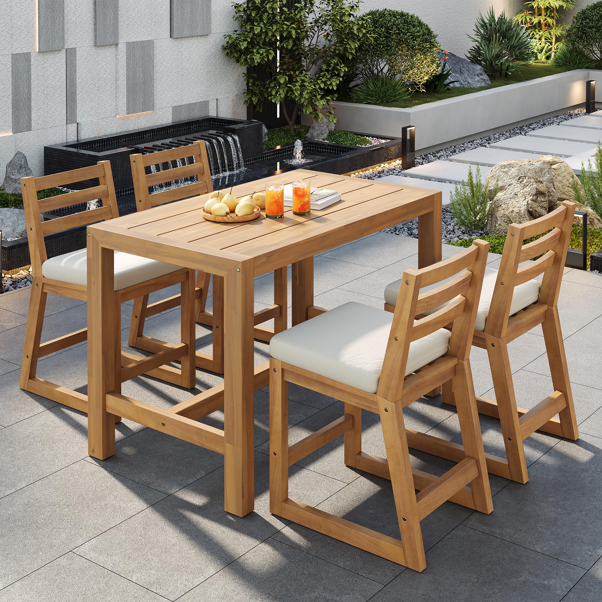 WILLIAMSPACE Patio Bar Table Set of 5, Outdoor Wicker Height Bar Table & 4 Chairs with Cushions & Wood Tabletop, Bistro Set for Backyards Porches (Brown+Grey)
