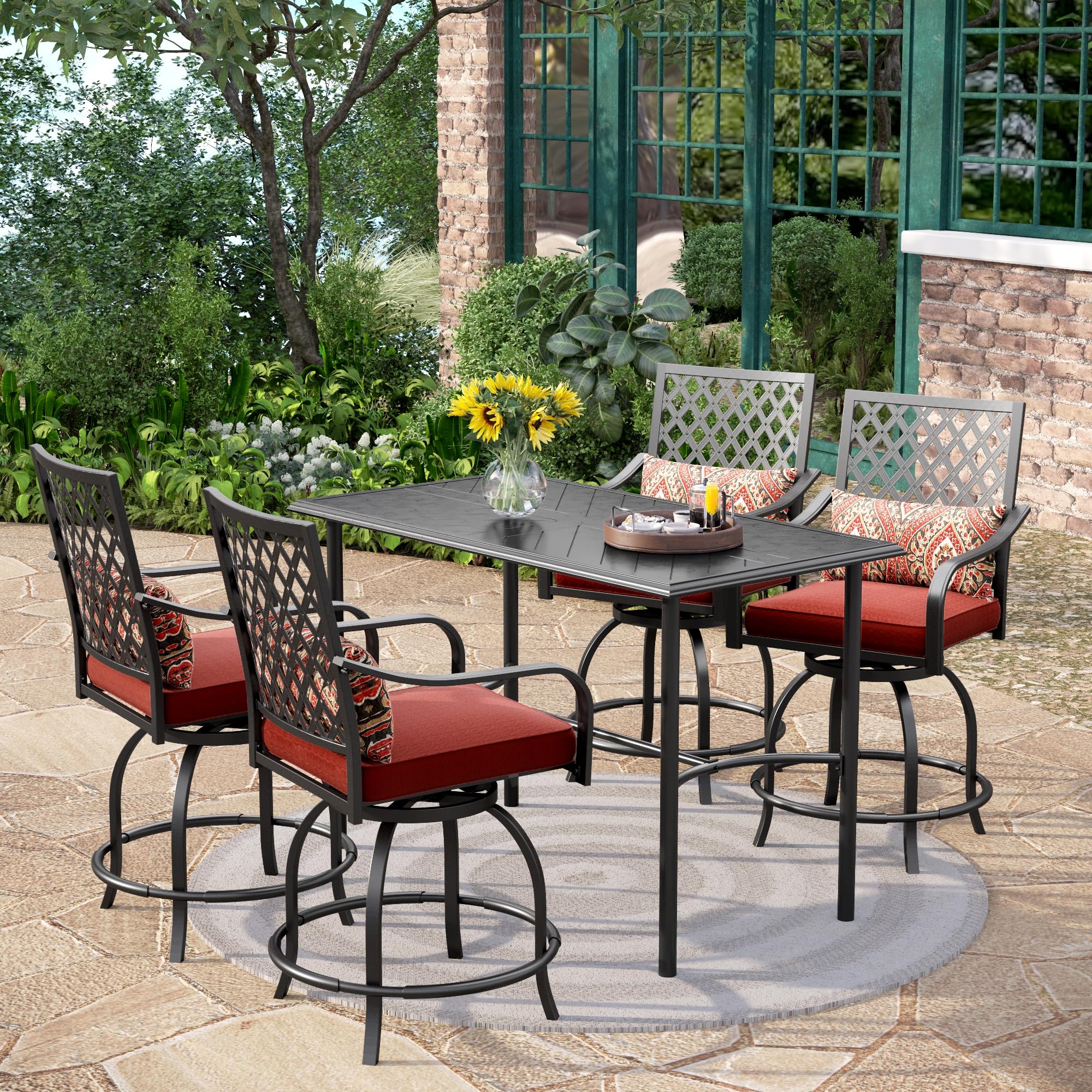 PHI VILLA 7 Piece Outdoor Bar Set, Counter Height Patio Bar Furniture Rectangle Dining Table and 6 Swivel Bar Stools Chairs with Brown Textilene Fabric for Garden,Yard and Deck