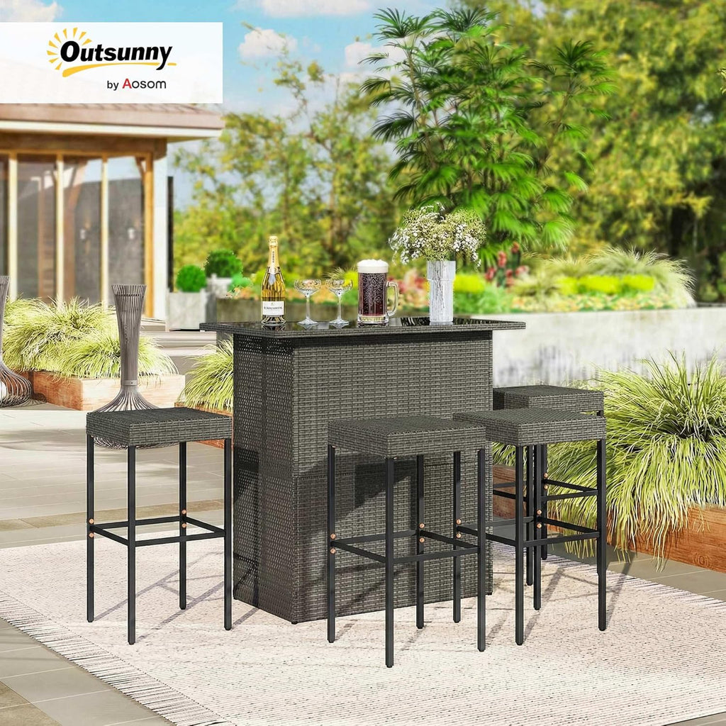 Outsunny 5 Piece Wicker Outdoor Bar Set, High Top Outdoor Table and Chairs, Height Patio Set with Glass Table Top 2 Tier Storage Shelf and 4 Bar Stools for Garden, Poolside, Dark Gray