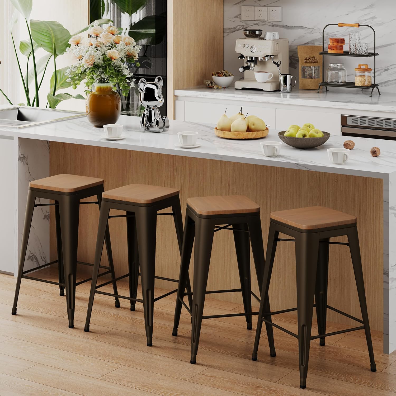 Alunaune 26" Metal Counter Height Bar Stools Set of 4 Backless Stackable Industrial Kitchen Patio Stool Bar Chairs with Wooden Seat-Rusty