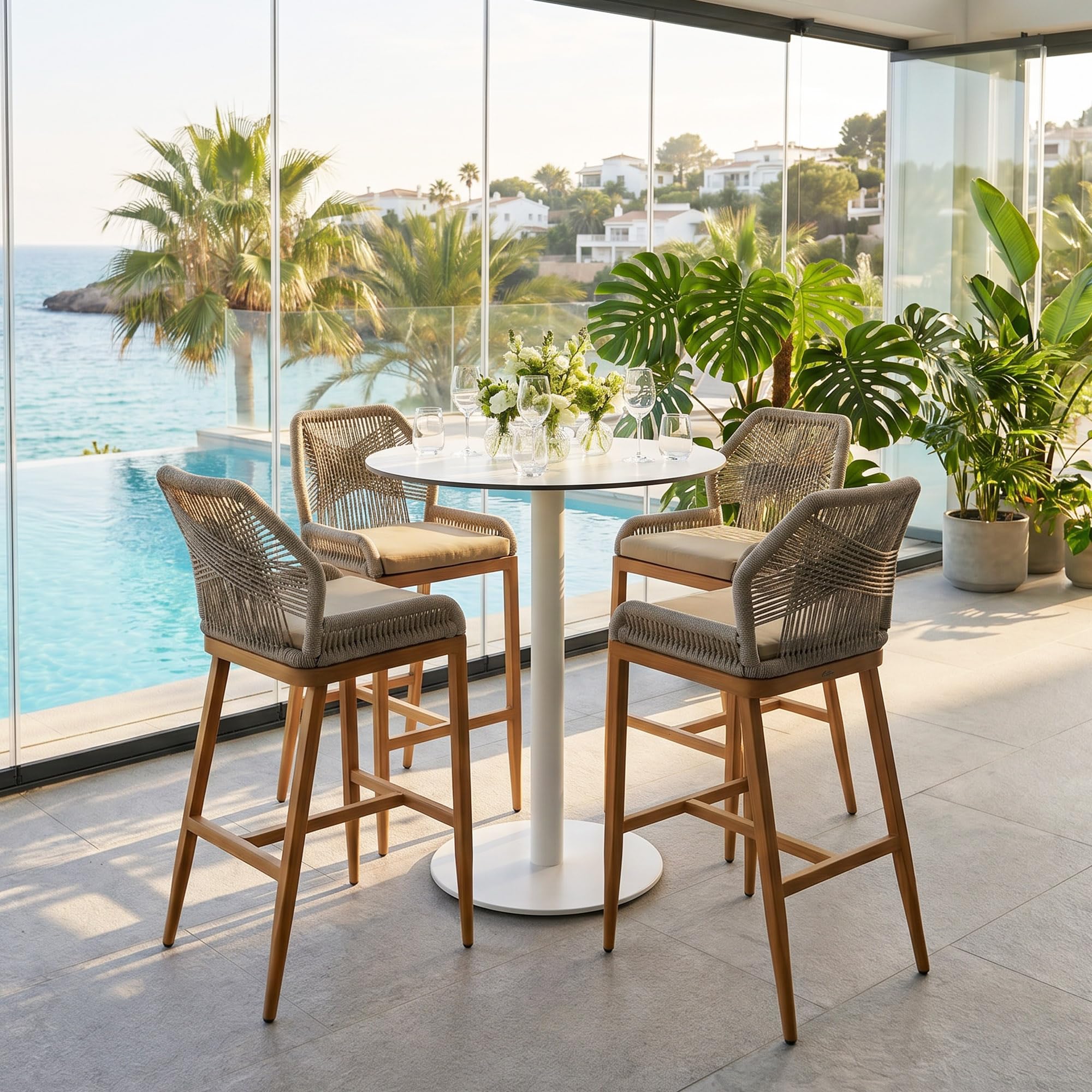 PURPLE LEAF Patio Sunbrella Counter Height Bar Stools 24" H Set of 2 Modern Rattan Bar Chairs Aluminum Stool Outdoor Wicker Barstools with Back and Cushion for Garden Kitchen Island