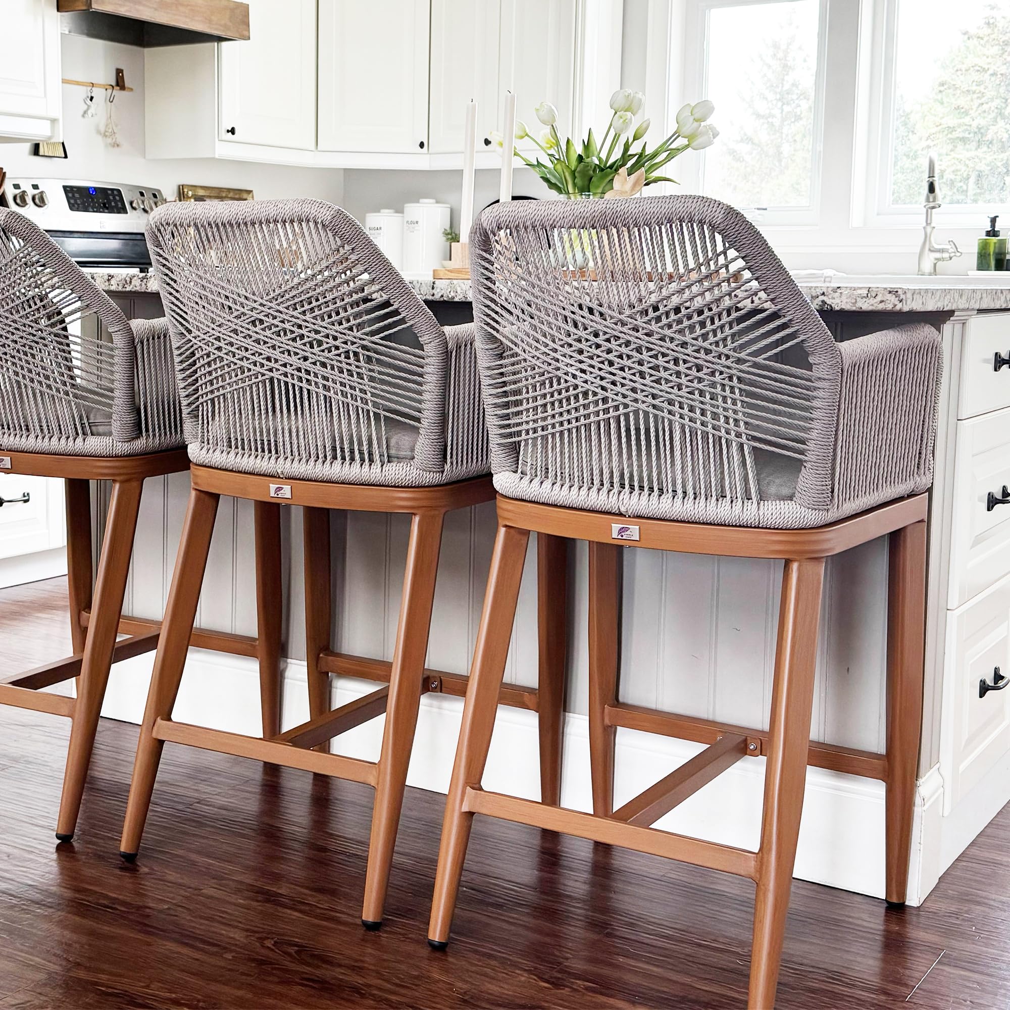 PURPLE LEAF Patio Sunbrella Counter Height Bar Stools 24" H Set of 2 Modern Rattan Bar Chairs Aluminum Stool Outdoor Wicker Barstools with Back and Cushion for Garden Kitchen Island