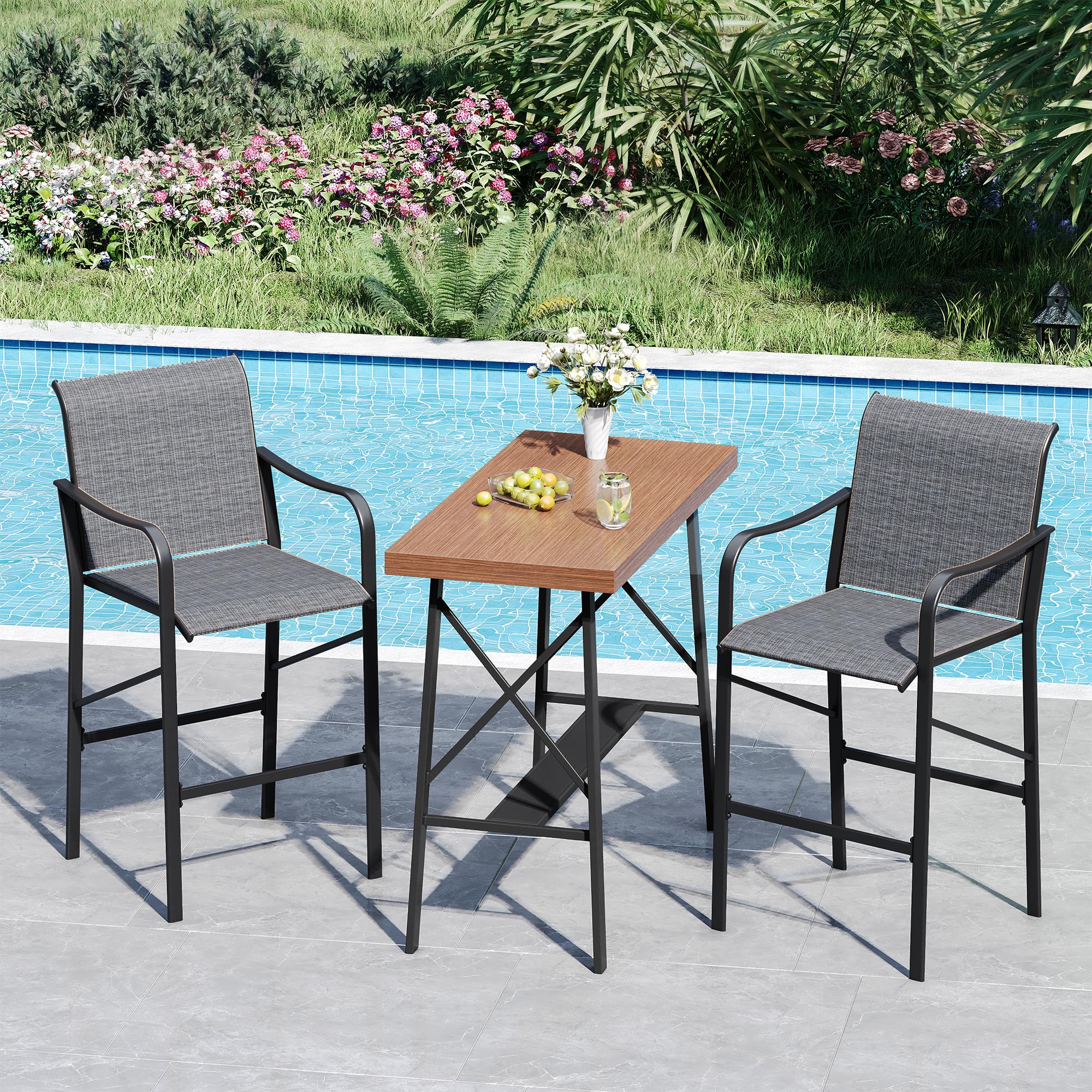 VICLLAX Patio 5 Pieces Outdoor Long Bar Set, Dining Pub Set with 41" Rectangle Bar Height Table and 2 Swivel Rattan Chairs for Lawn, Garden, Poolside, Grey
