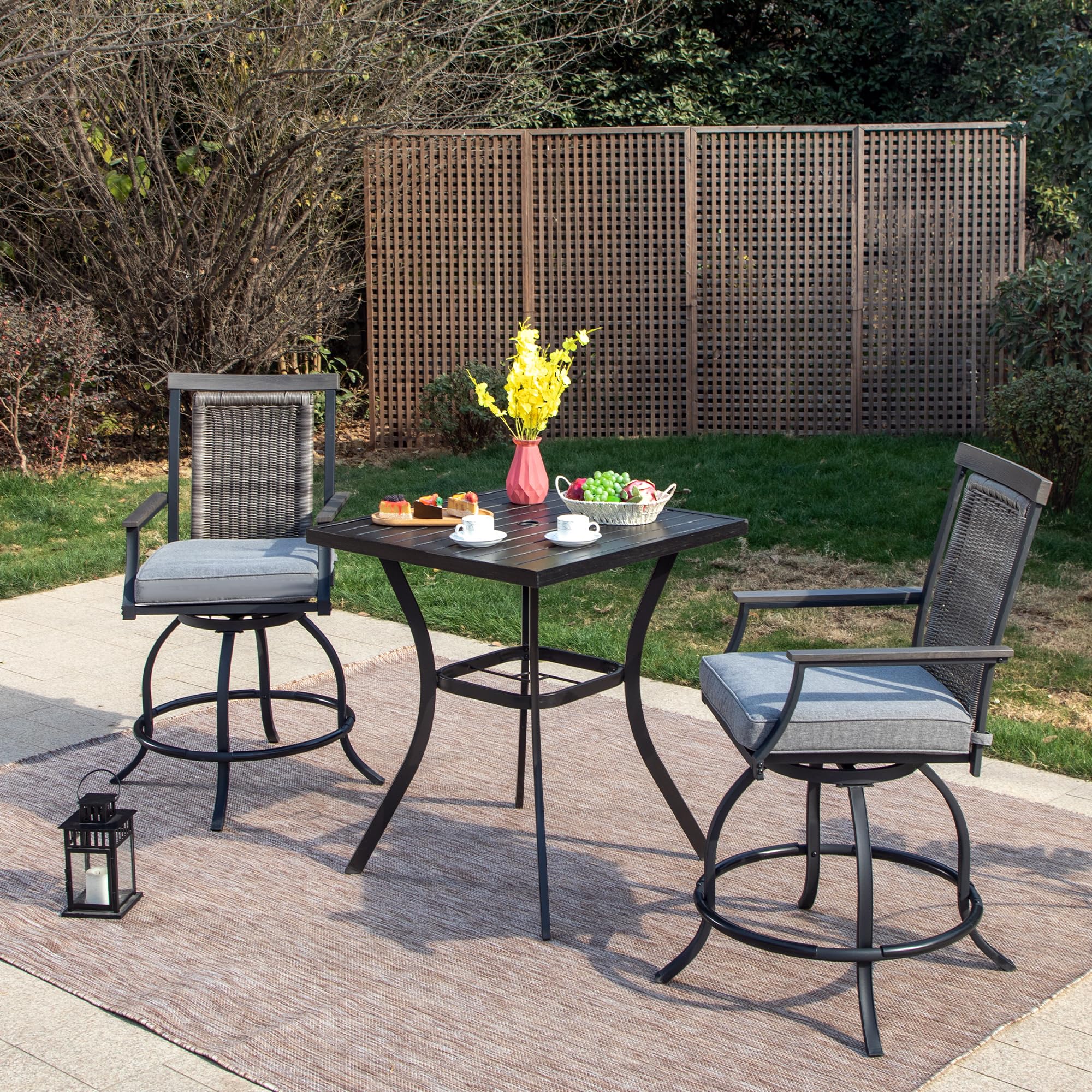 PHI VILLA 7 Piece Outdoor Bar Set, Counter Height Patio Bar Furniture Rectangle Dining Table and 6 Swivel Bar Stools Chairs with Brown Textilene Fabric for Garden,Yard and Deck