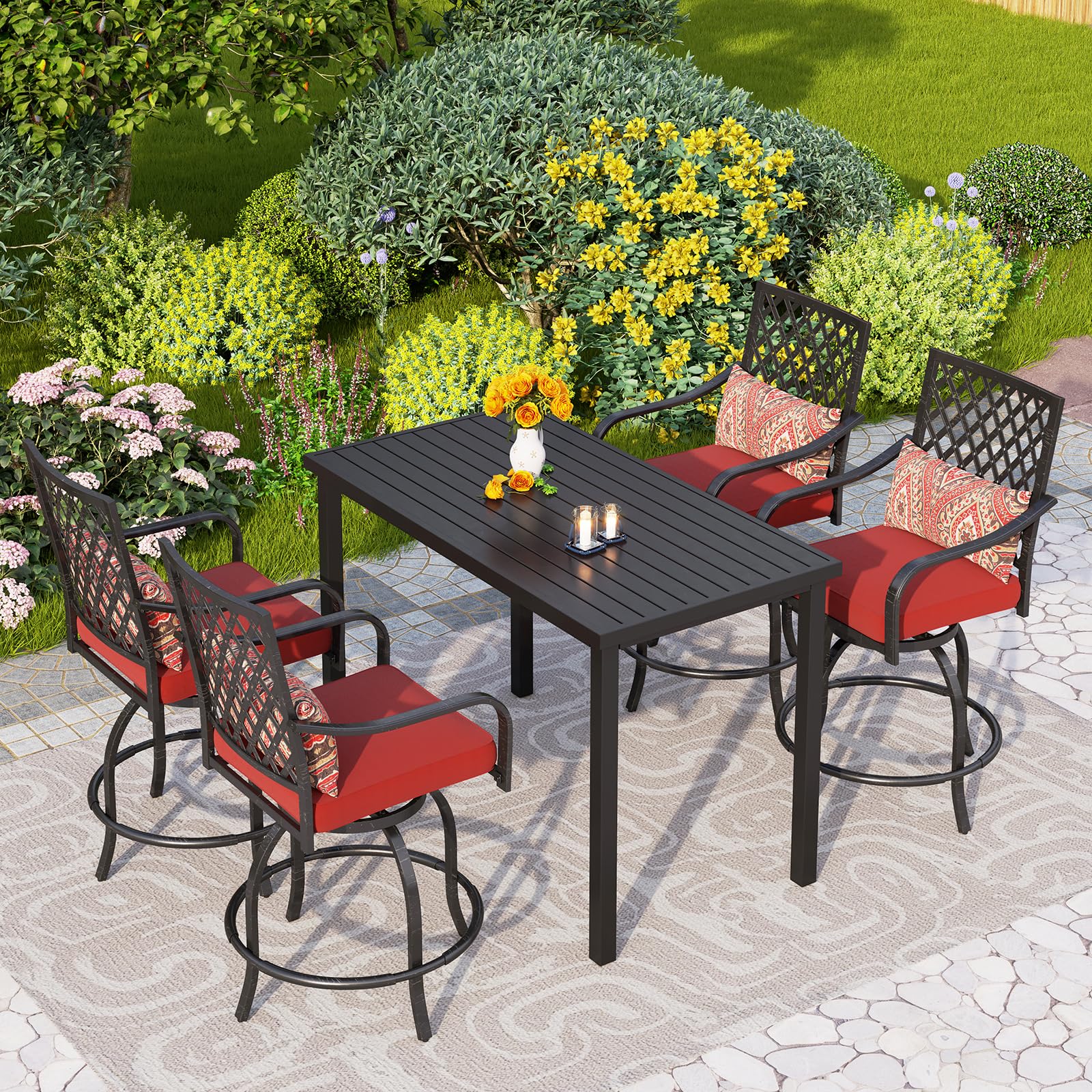 PHI VILLA 7 Piece Outdoor Bar Set, Counter Height Patio Bar Furniture Rectangle Dining Table and 6 Swivel Bar Stools Chairs with Brown Textilene Fabric for Garden,Yard and Deck