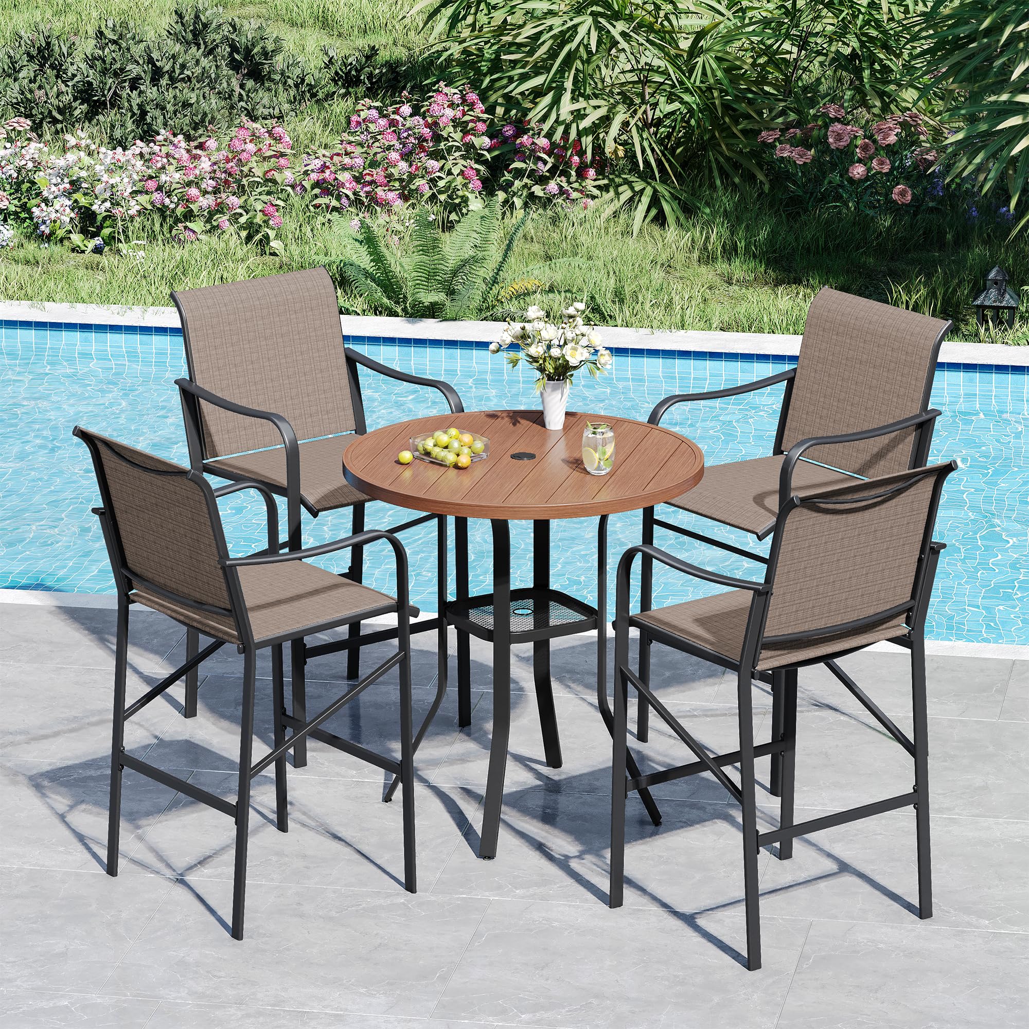 VICLLAX Patio 5 Pieces Outdoor Long Bar Set, Dining Pub Set with 41" Rectangle Bar Height Table and 2 Swivel Rattan Chairs for Lawn, Garden, Poolside, Grey