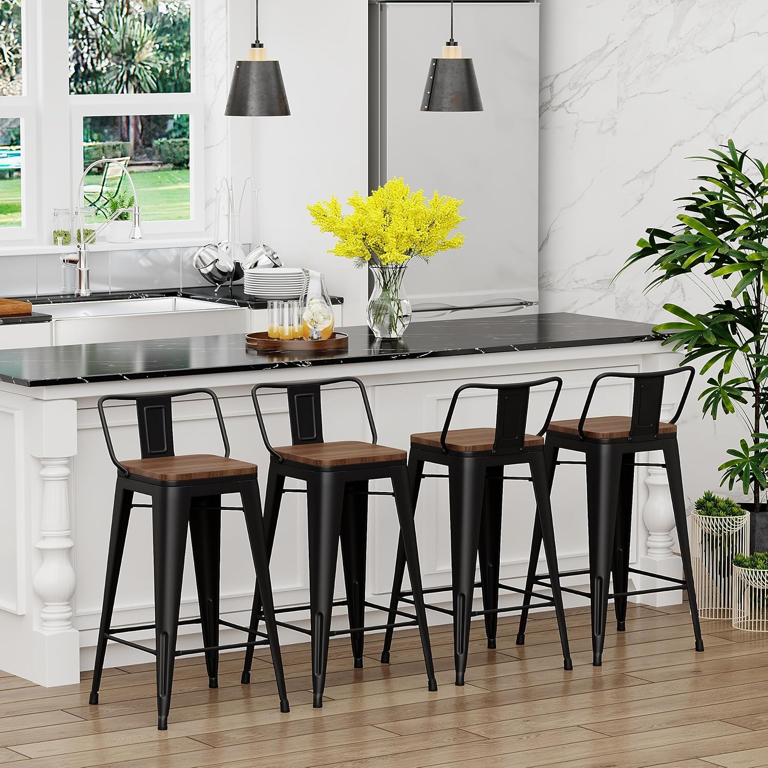 Yongchuang 24" Metal Barstools Set of 4 Counter Bar Stools with Wood Top Low Back Matte Black