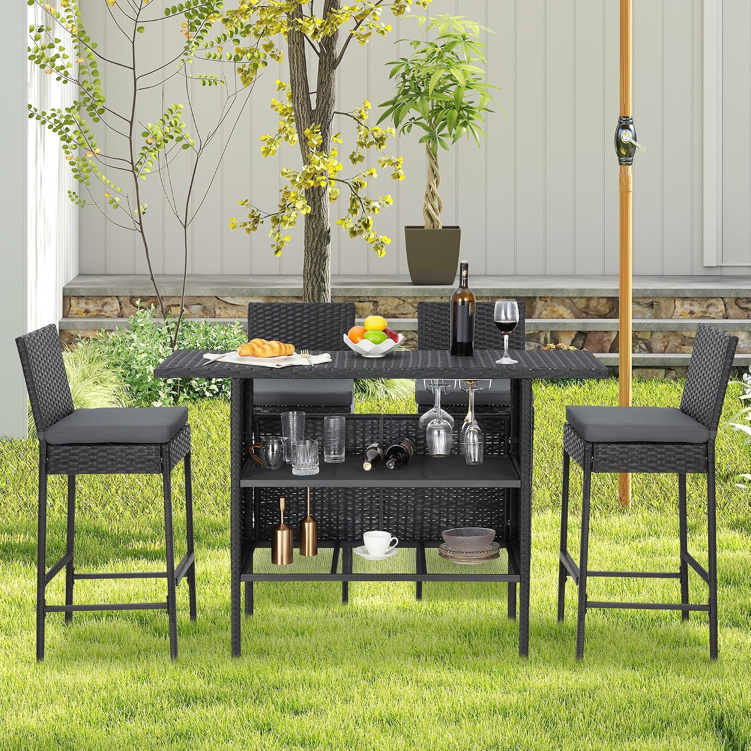 ECOTOUGE Bar Height Patio Set(Wicker Patio Stools & Smooth Top Table), Patio Bar Table and Chairs Set with Removable Cushion for Poolside (Black, 5 Set)