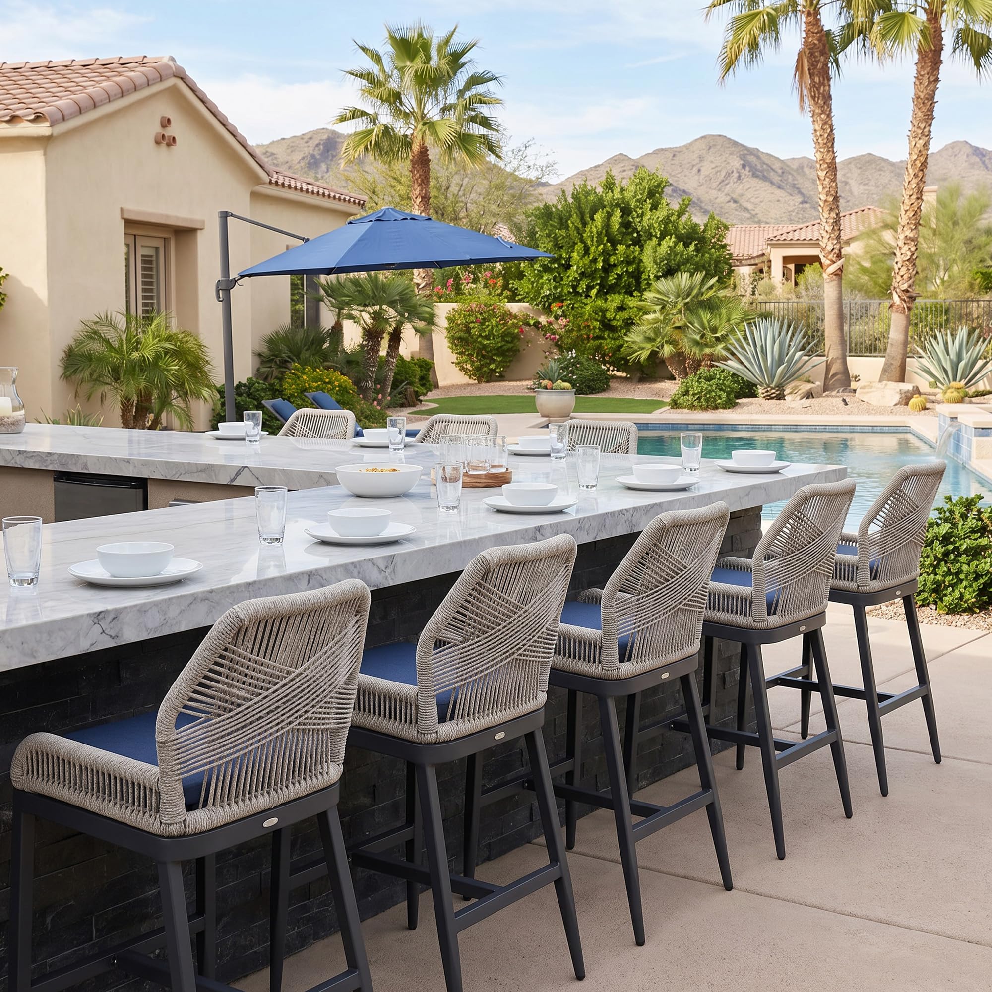 PURPLE LEAF Patio Sunbrella Counter Height Bar Stools 24" H Set of 2 Modern Rattan Bar Chairs Aluminum Stool Outdoor Wicker Barstools with Back and Cushion for Garden Kitchen Island