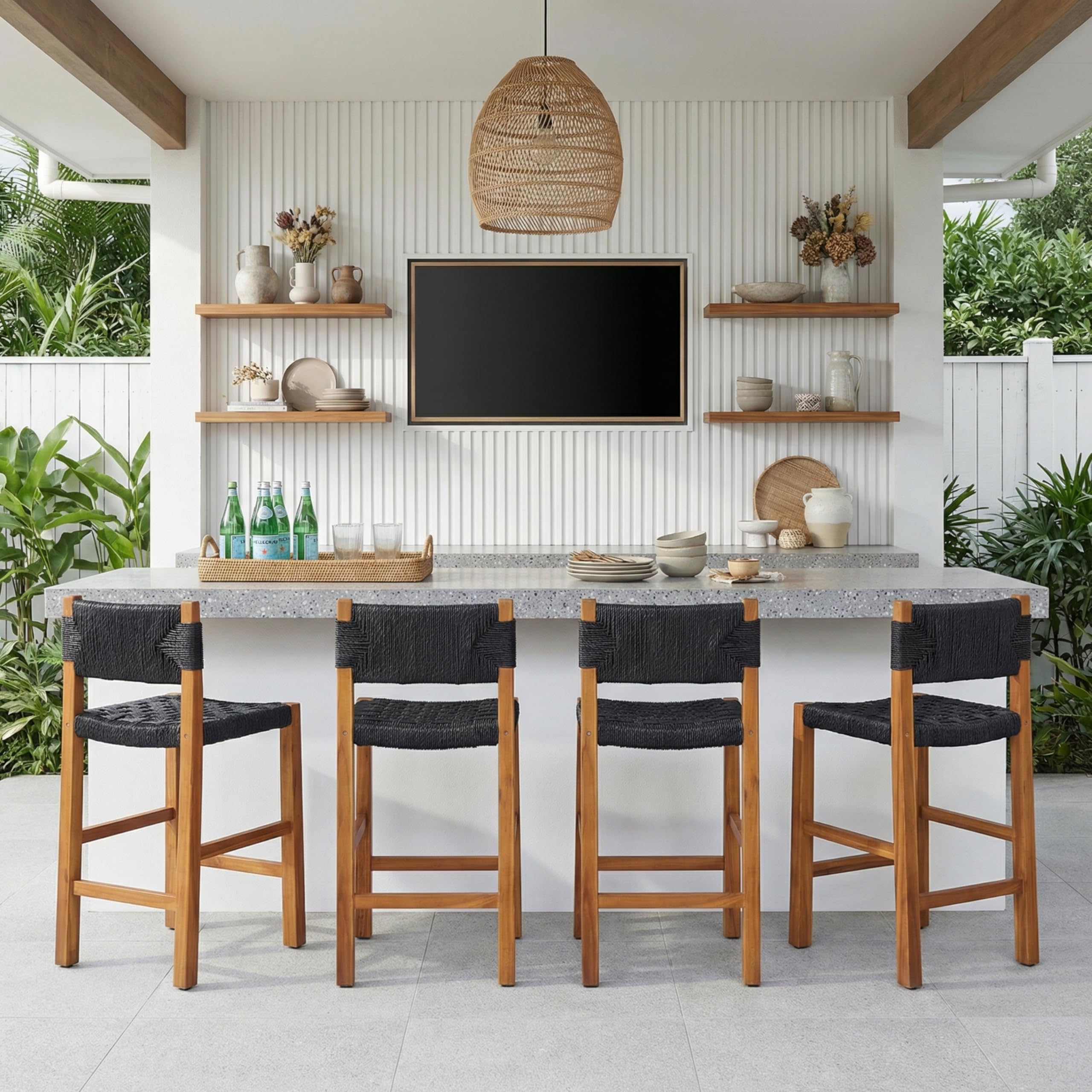 Christopher Knight Home 2-Pack Outdoor Counter Height Bar Stools with Backrest, Acacia Wood Frame Woven Wicker, 28" Patio Bar Chairs with Teak Finish for Deck Balcony Outdoor Bar Table, Light Brown