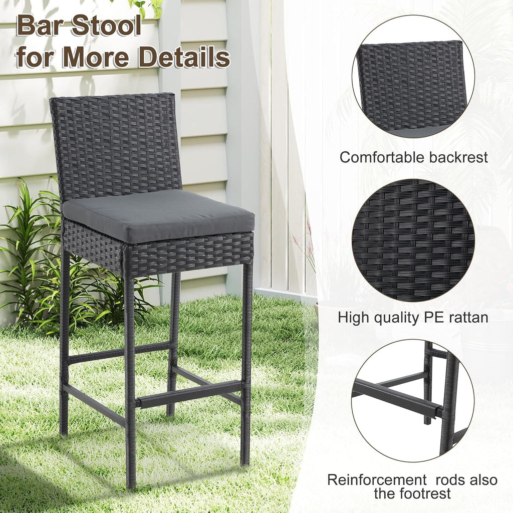 ECOTOUGE Bar Height Patio Set(Wicker Patio Stools & Smooth Top Table), Patio Bar Table and Chairs Set with Removable Cushion for Poolside (Black, 5 Set)