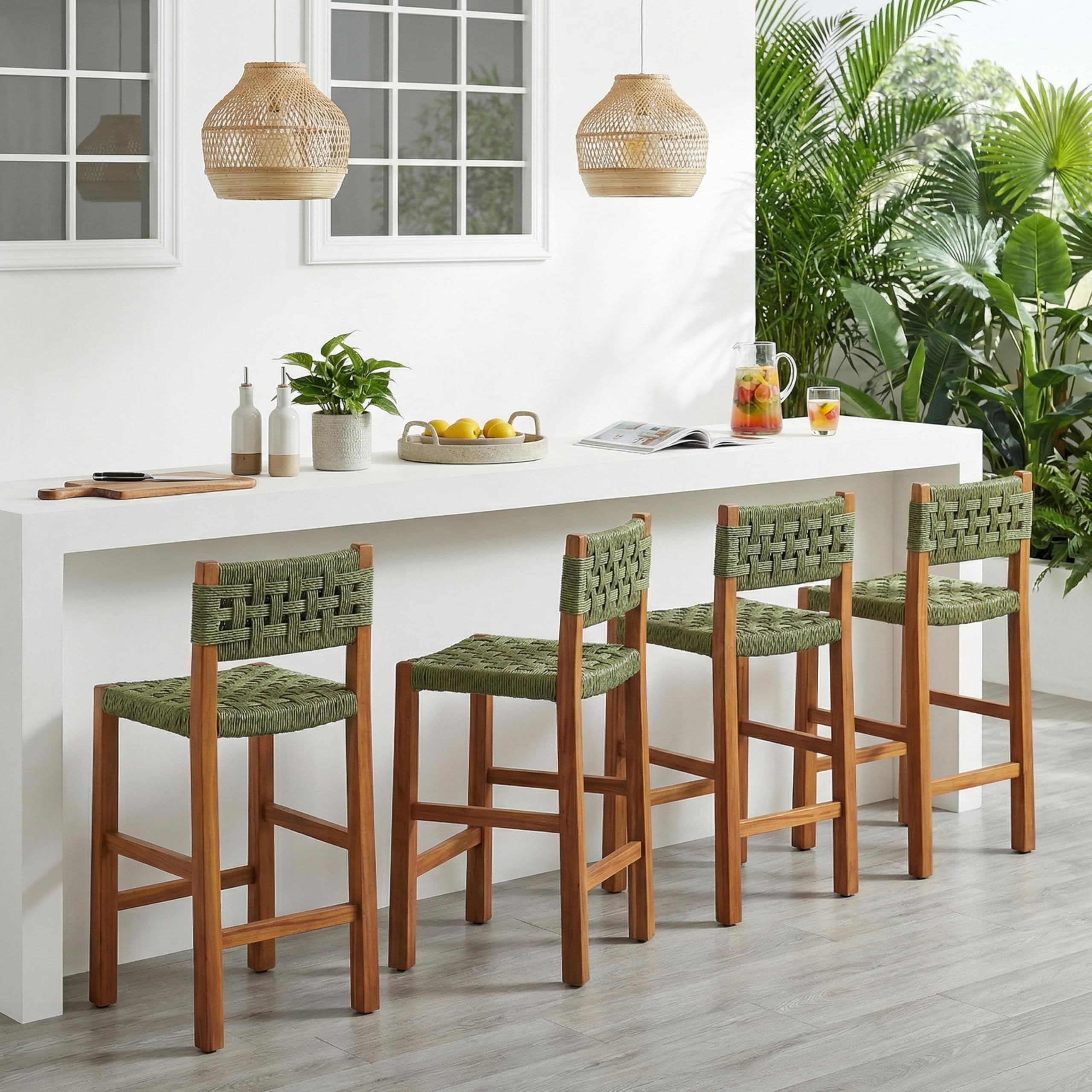 Christopher Knight Home 2-Pack Outdoor Counter Height Bar Stools with Backrest, Acacia Wood Frame Woven Wicker, 28" Patio Bar Chairs with Teak Finish for Deck Balcony Outdoor Bar Table, Light Brown