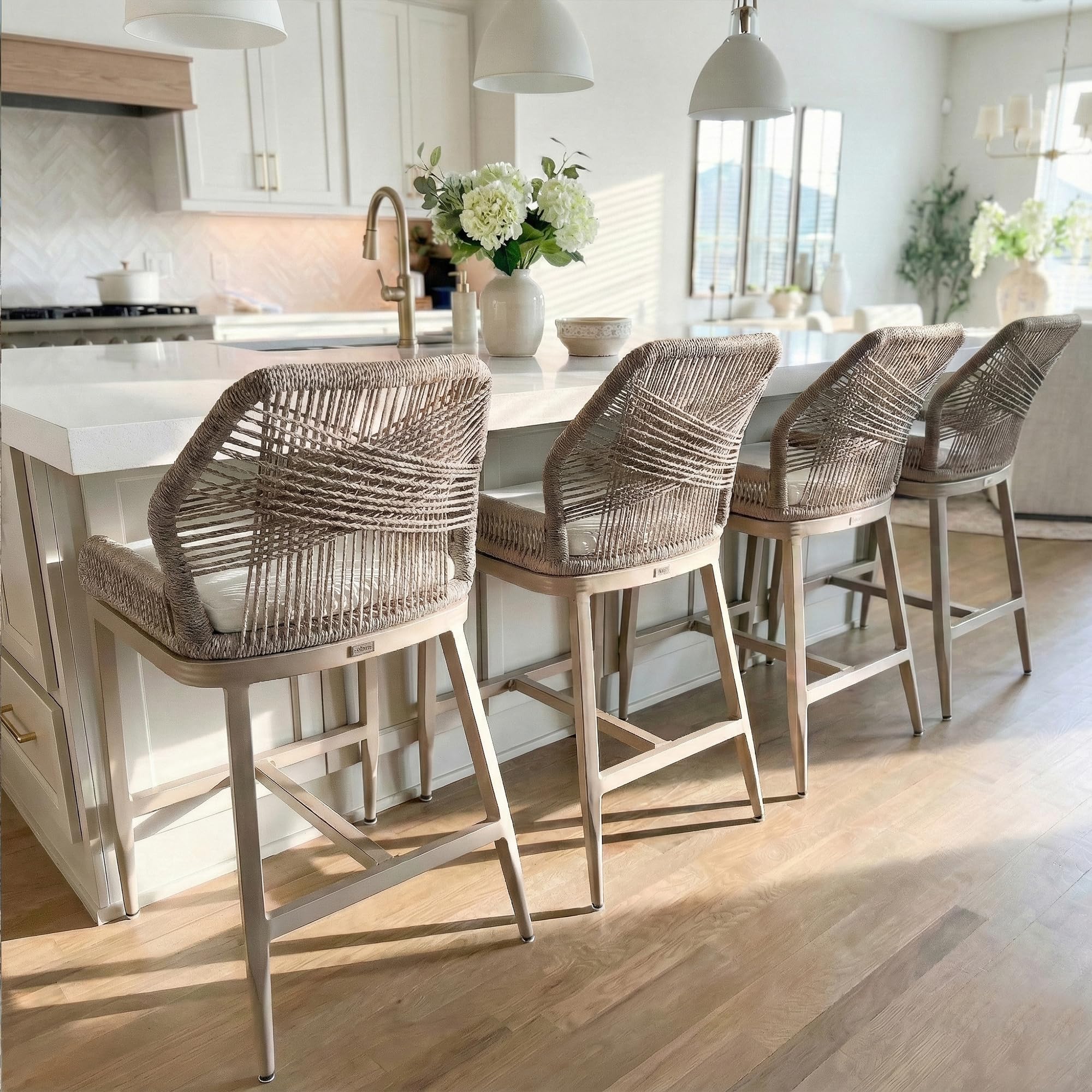 PURPLE LEAF Patio Counter Height Bar Stools 24" H Set of 2 Modern Rattan Bar Chairs Aluminum Stool Outdoor Wicker Barstools with Back and Cushion for Garden Kitchen Island