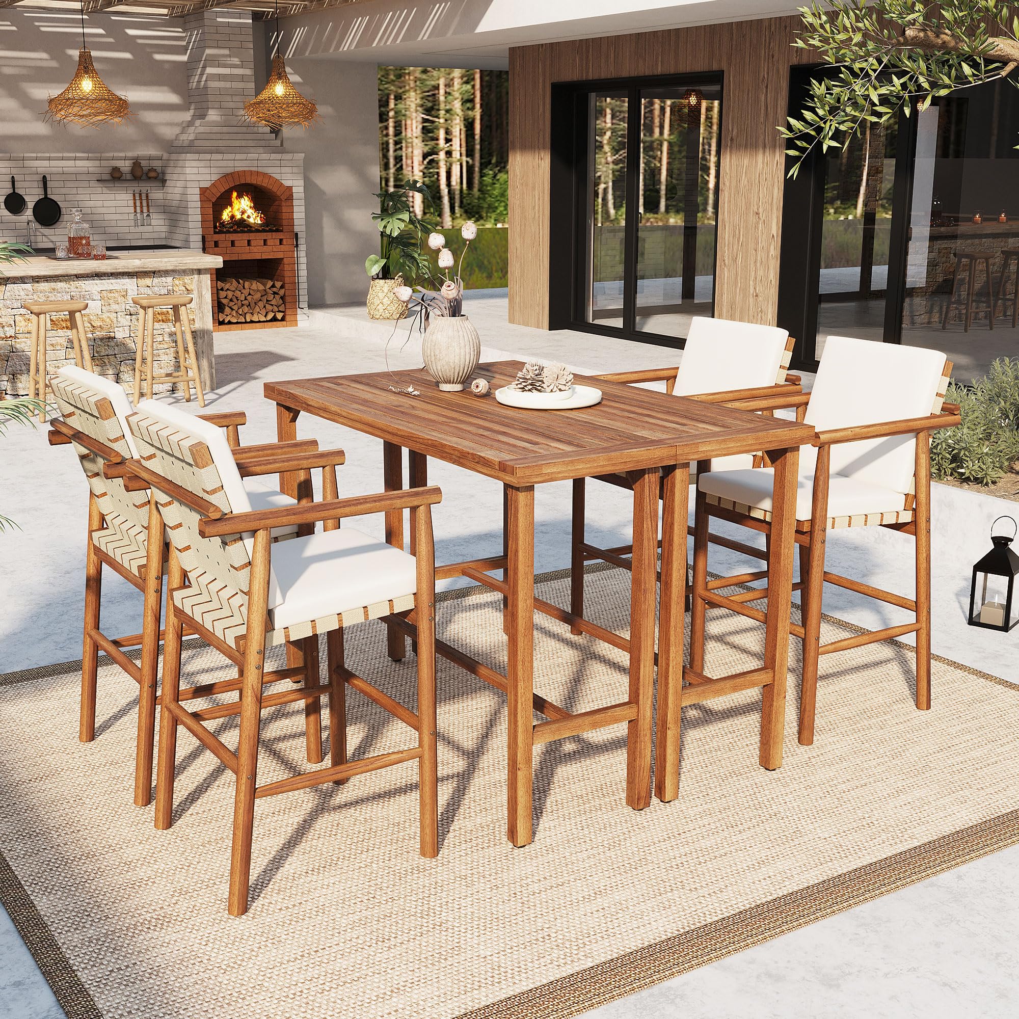 WILLIAMSPACE Patio Bar Table Set of 5, Outdoor Wicker Height Bar Table & 4 Chairs with Cushions & Wood Tabletop, Bistro Set for Backyards Porches (Brown+Grey)