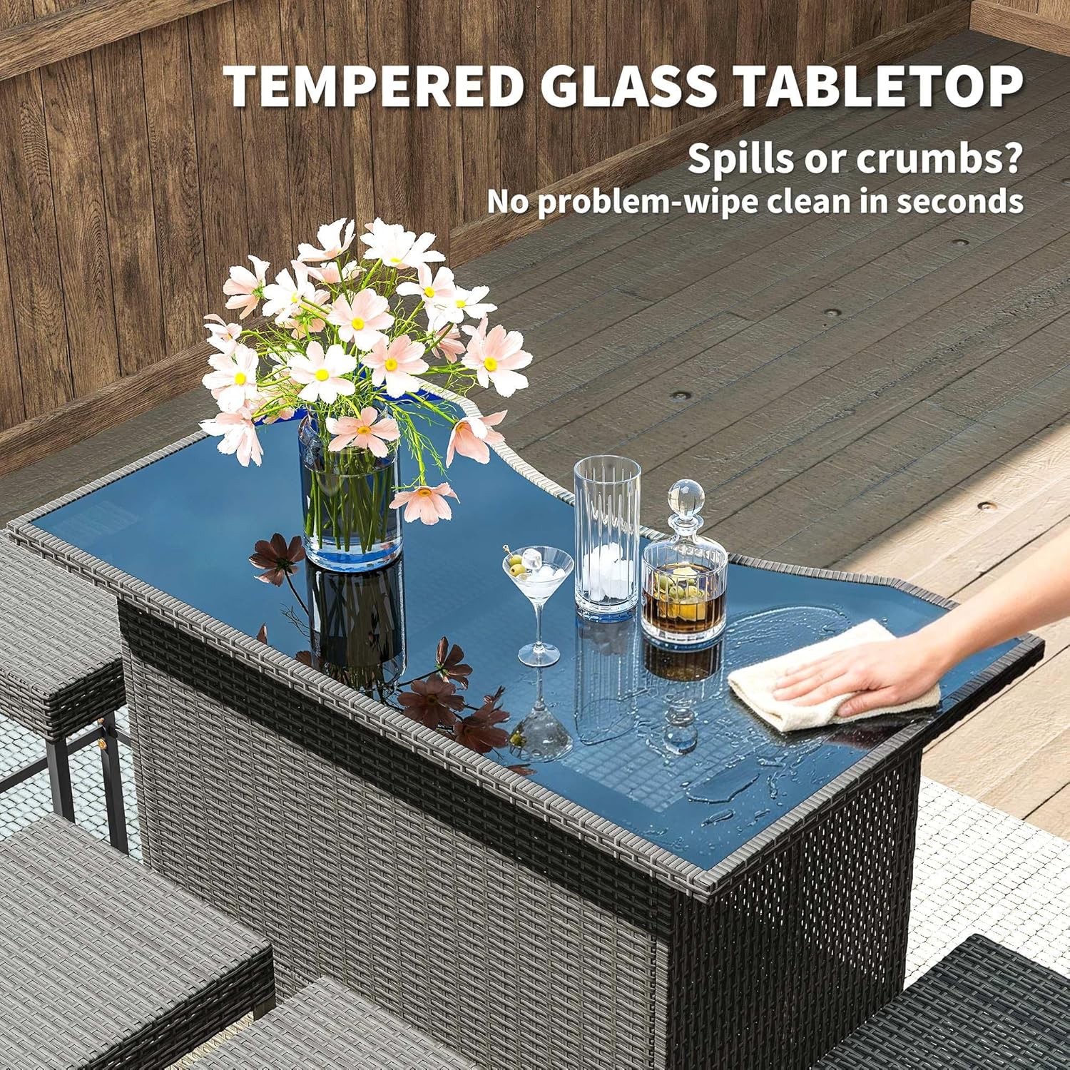 Outsunny 5 Piece Wicker Outdoor Bar Set, High Top Outdoor Table and Chairs, Height Patio Set with Glass Table Top 2 Tier Storage Shelf and 4 Bar Stools for Garden, Poolside, Dark Gray