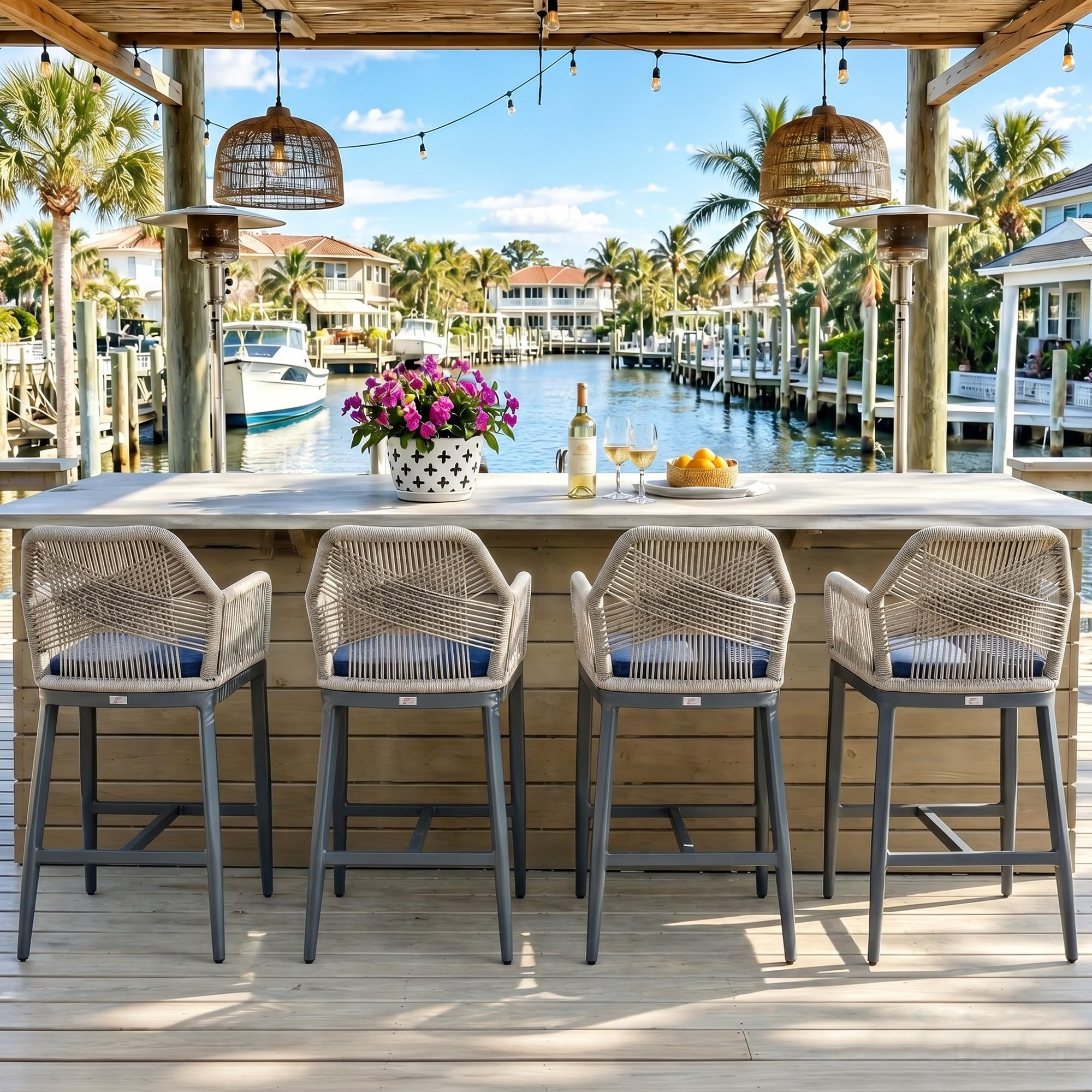 PURPLE LEAF Patio Sunbrella Counter Height Bar Stools 24" H Set of 2 Modern Rattan Bar Chairs Aluminum Stool Outdoor Wicker Barstools with Back and Cushion for Garden Kitchen Island