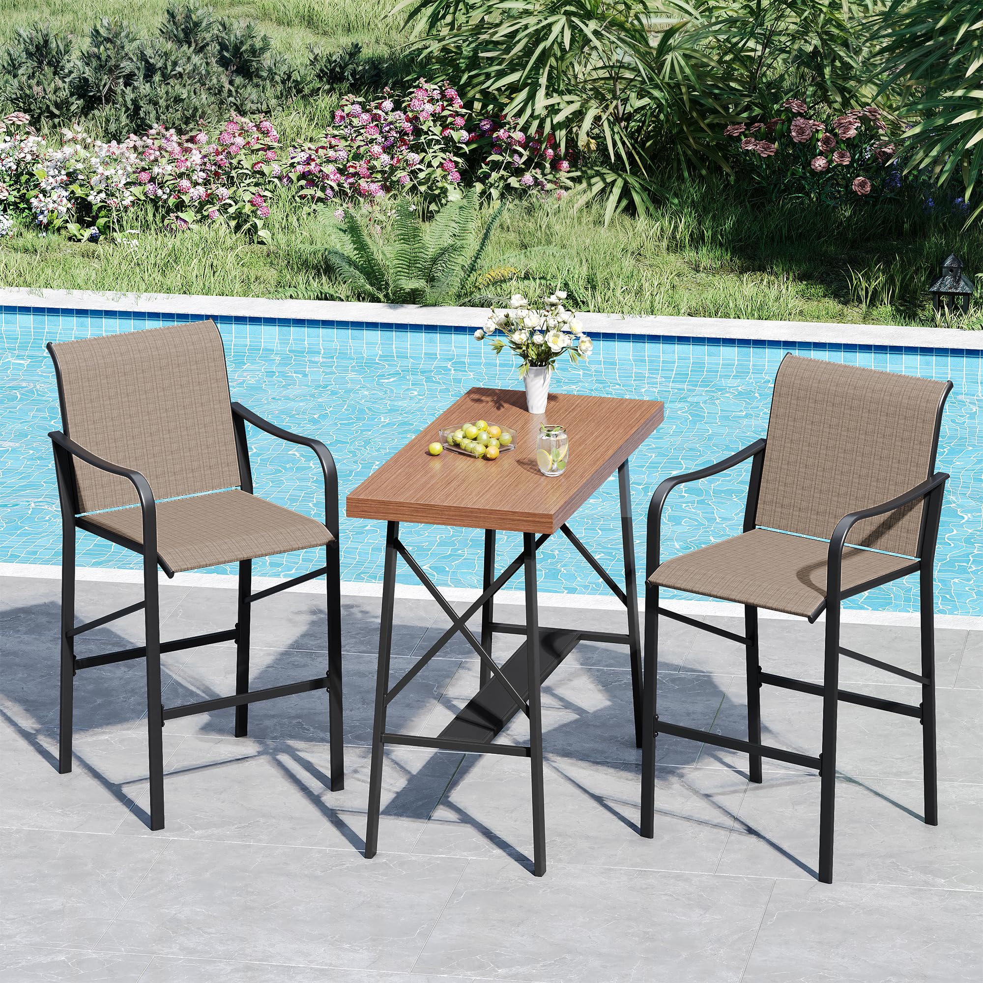 VICLLAX Patio 5 Pieces Outdoor Long Bar Set, Dining Pub Set with 41" Rectangle Bar Height Table and 2 Swivel Rattan Chairs for Lawn, Garden, Poolside, Grey