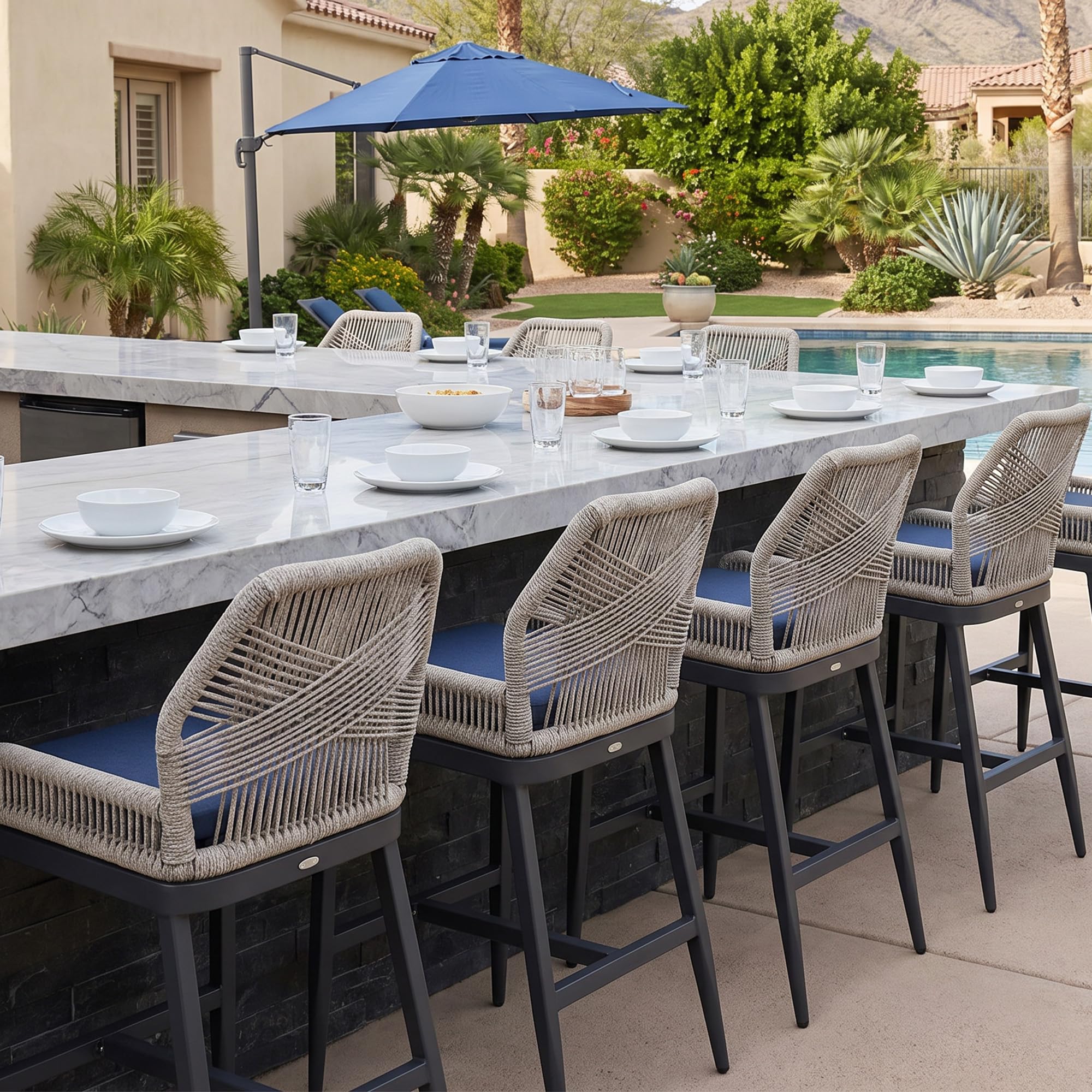 PURPLE LEAF Patio Sunbrella Counter Height Bar Stools 24" H Set of 2 Modern Rattan Bar Chairs Aluminum Stool Outdoor Wicker Barstools with Back and Cushion for Garden Kitchen Island