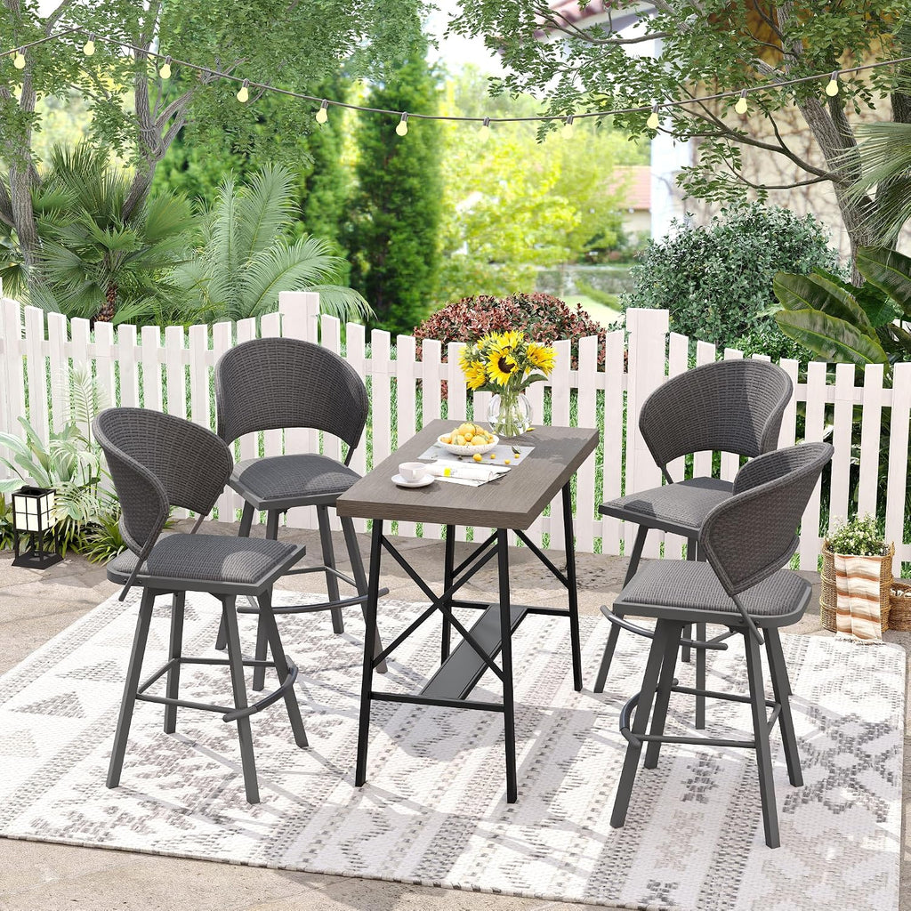 VICLLAX Patio 5 Pieces Outdoor Long Bar Set, Dining Pub Set with 41" Rectangle Bar Height Table and 2 Swivel Rattan Chairs for Lawn, Garden, Poolside, Grey