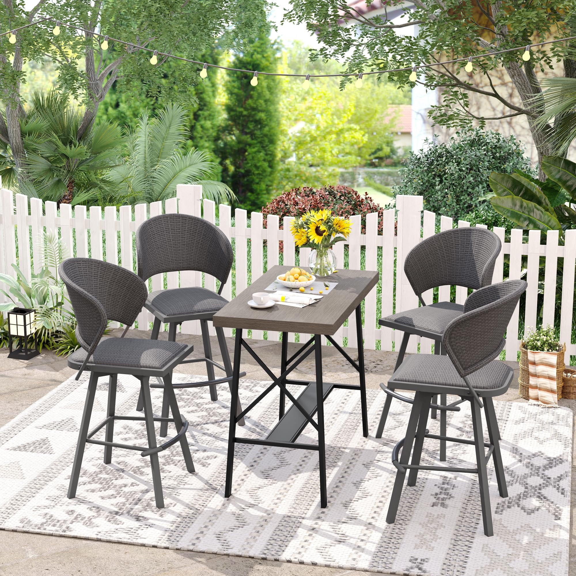 VICLLAX Patio 5 Pieces Outdoor Long Bar Set, Dining Pub Set with 41" Rectangle Bar Height Table and 2 Swivel Rattan Chairs for Lawn, Garden, Poolside, Grey