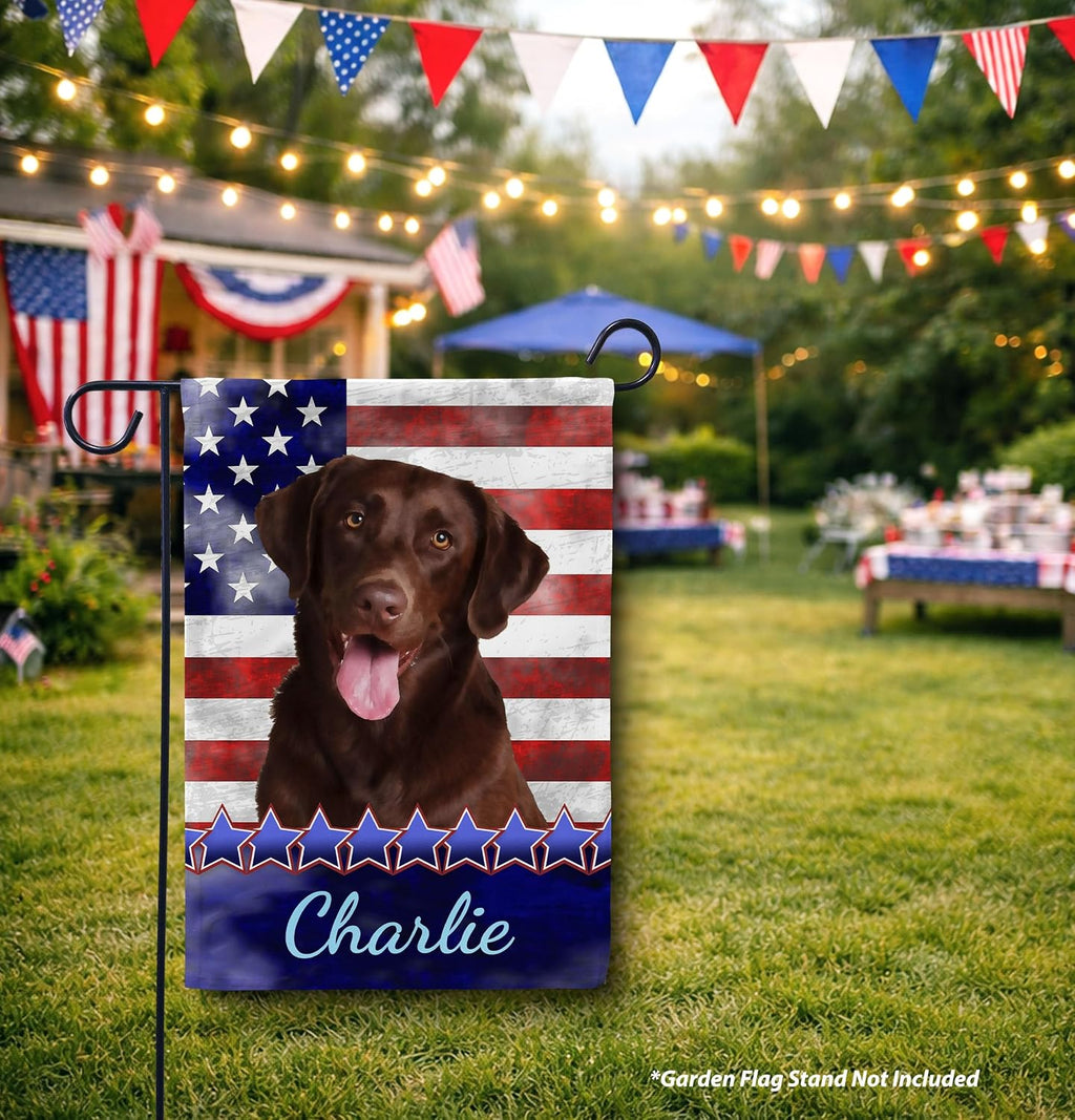 Flagology, Personalized Chocolate Labrador Retriever Patriotic Garden Flag 12" x 18", Custom Dog Name American Flag, Fourth of July Outdoor Lawn Décor, Stars and Stripes