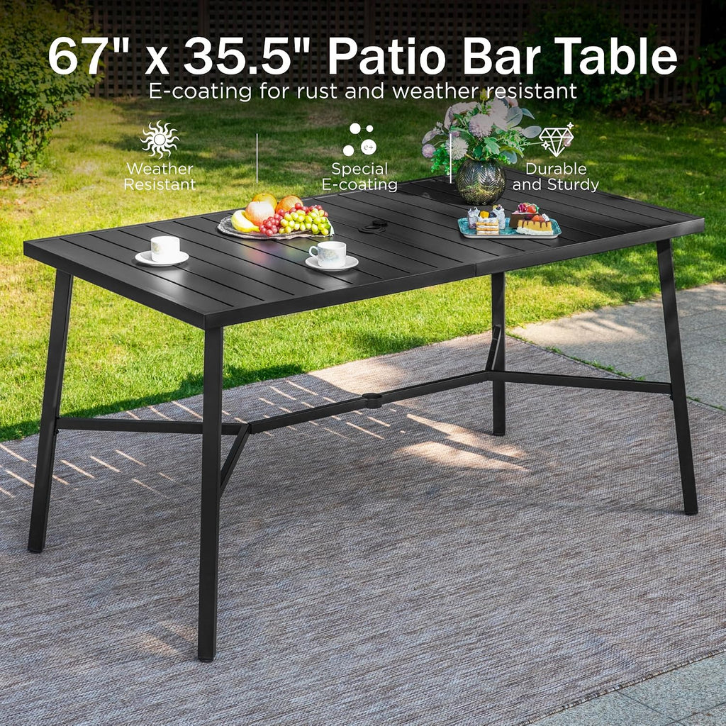 PHI VILLA 7 Piece Outdoor Bar Set, Counter Height Patio Bar Furniture Rectangle Dining Table and 6 Swivel Bar Stools Chairs with Brown Textilene Fabric for Garden,Yard and Deck