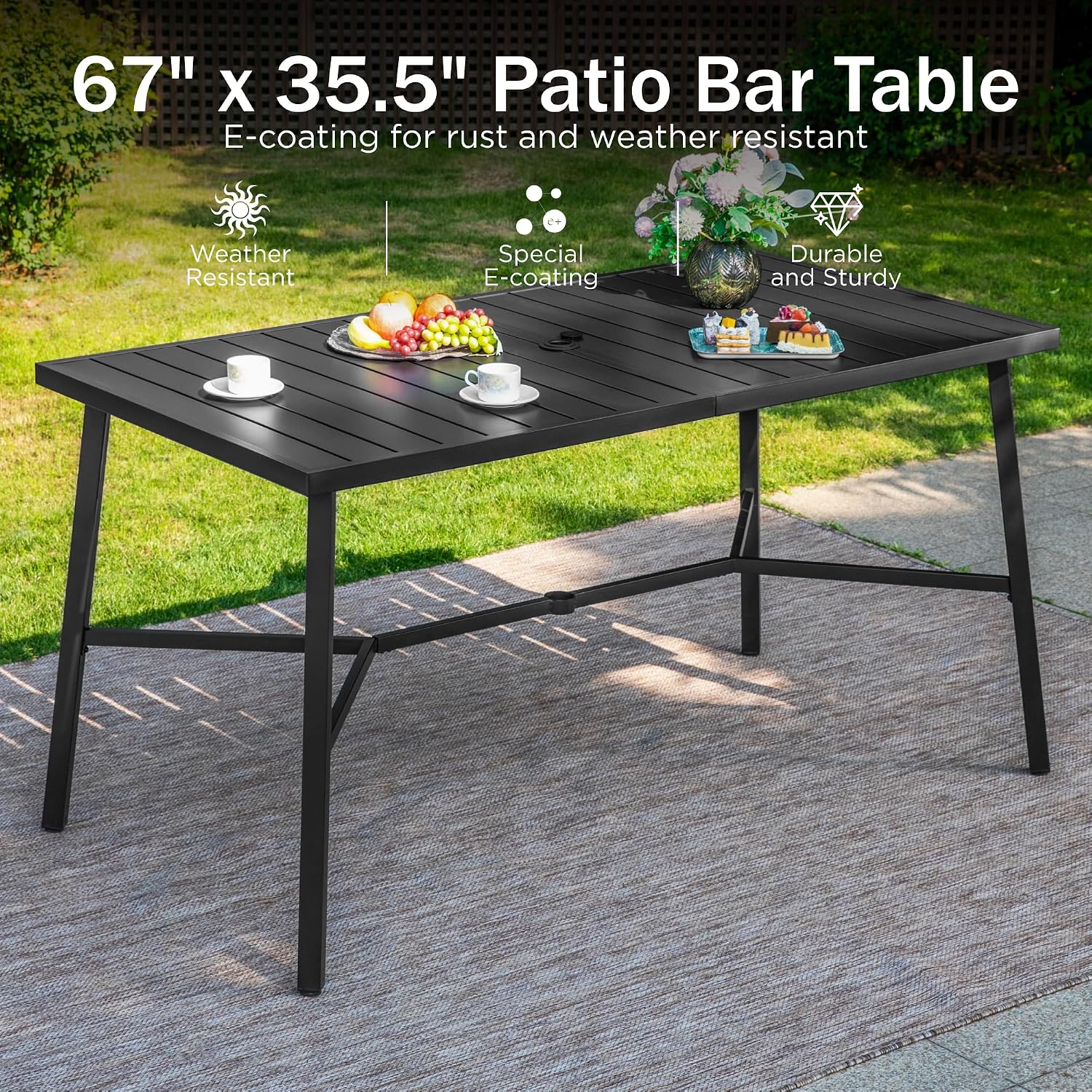 PHI VILLA 7 Piece Outdoor Bar Set, Counter Height Patio Bar Furniture Rectangle Dining Table and 6 Swivel Bar Stools Chairs with Brown Textilene Fabric for Garden,Yard and Deck
