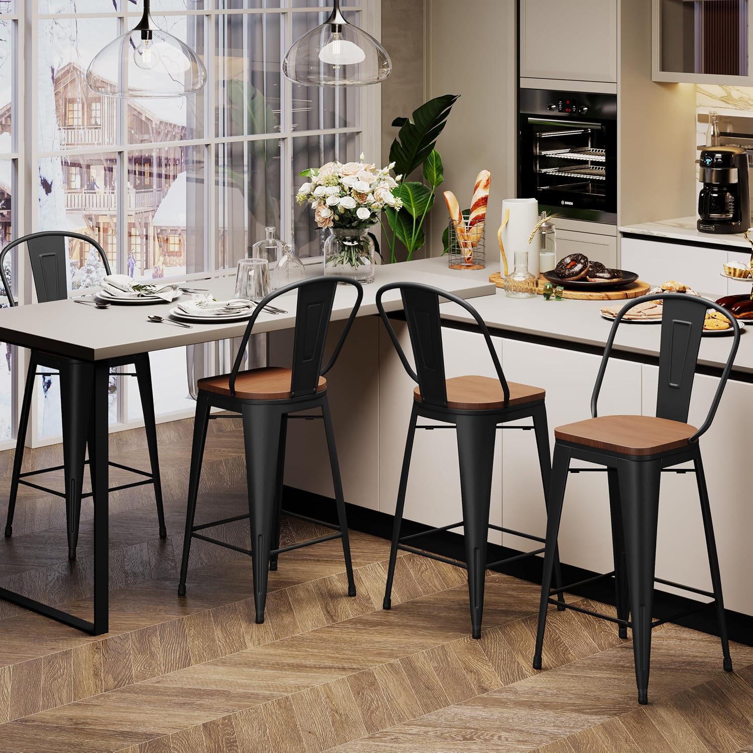 Aklaus Metal Bar Stools Set of 4,24 inch Barstools Counter Height BarStools with Backs Farmhouse Bar Stools with Larger seat High Back Kitchen Dining Chairs Modern Bar Chairs Matte Black Stool
