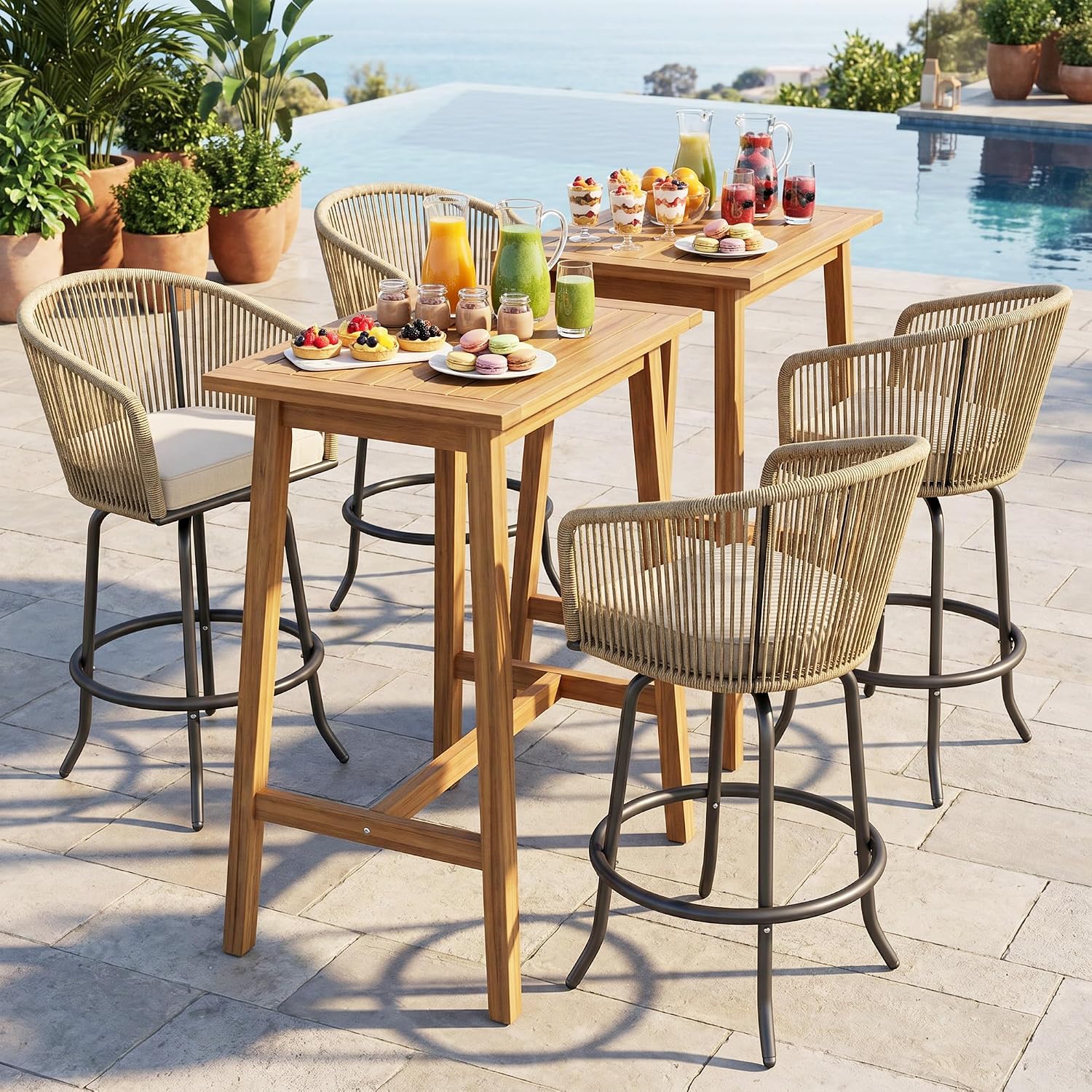 YITAHOME 27" Bar Stools Set of 2 with Arms & Cushions, 360° Swivel Outdoor Bar Stools, All Weather Counter Height Bar Stools Set of 2 with Curved Back for Backyard, Kitchen Island, Dining Room, Beige