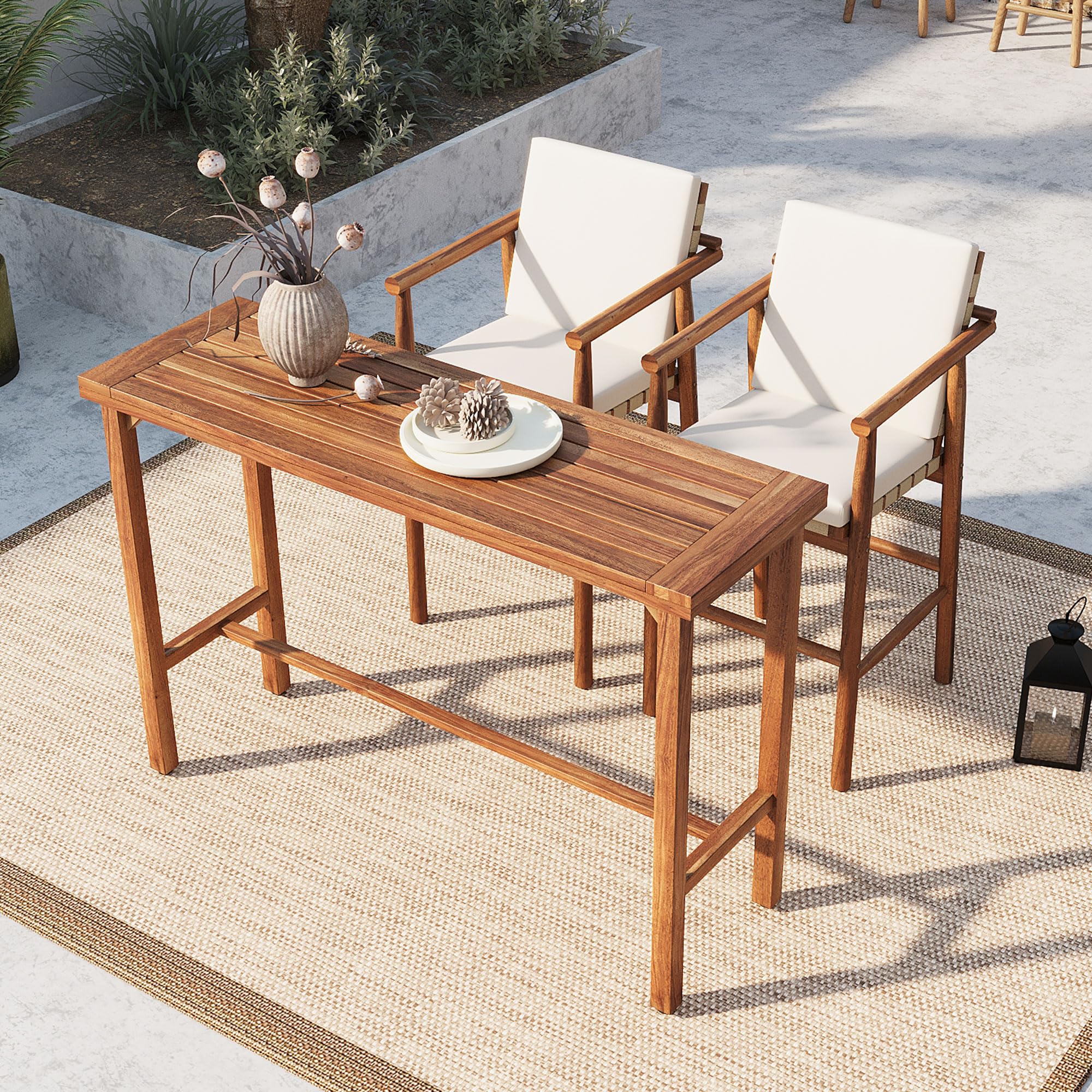 WILLIAMSPACE Patio Bar Table Set of 5, Outdoor Wicker Height Bar Table & 4 Chairs with Cushions & Wood Tabletop, Bistro Set for Backyards Porches (Brown+Grey)