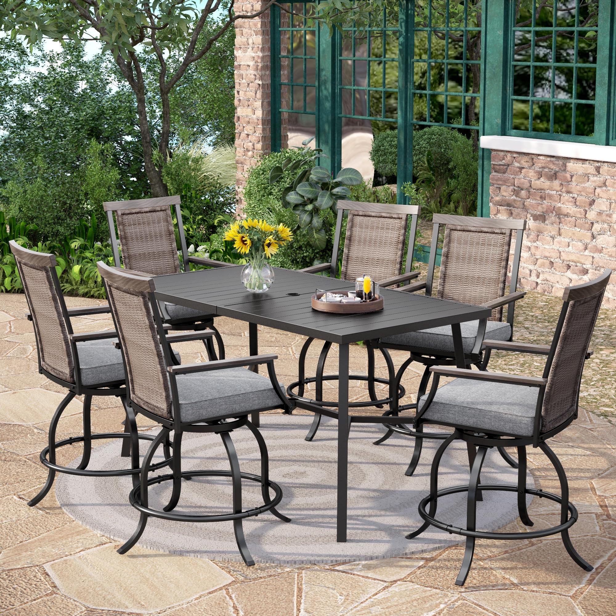PHI VILLA 7 Piece Outdoor Bar Set, Counter Height Patio Bar Furniture Rectangle Dining Table and 6 Swivel Bar Stools Chairs with Brown Textilene Fabric for Garden,Yard and Deck